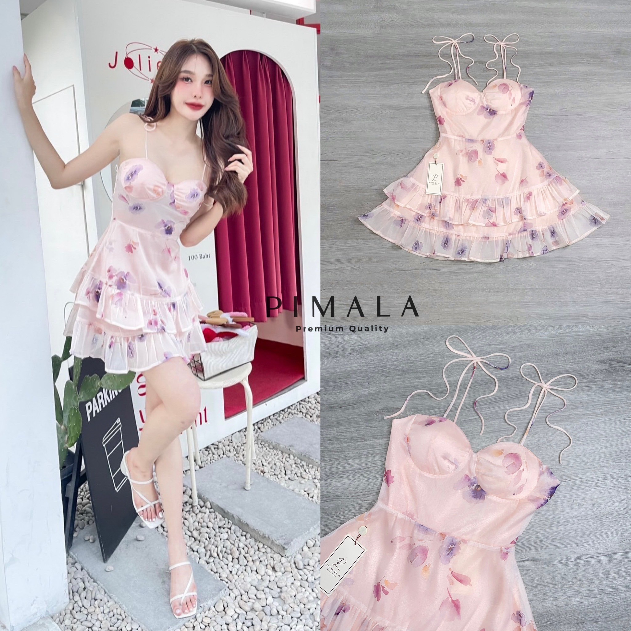 เดรสสายเดี่ยวผูกโบว์ (พีช)