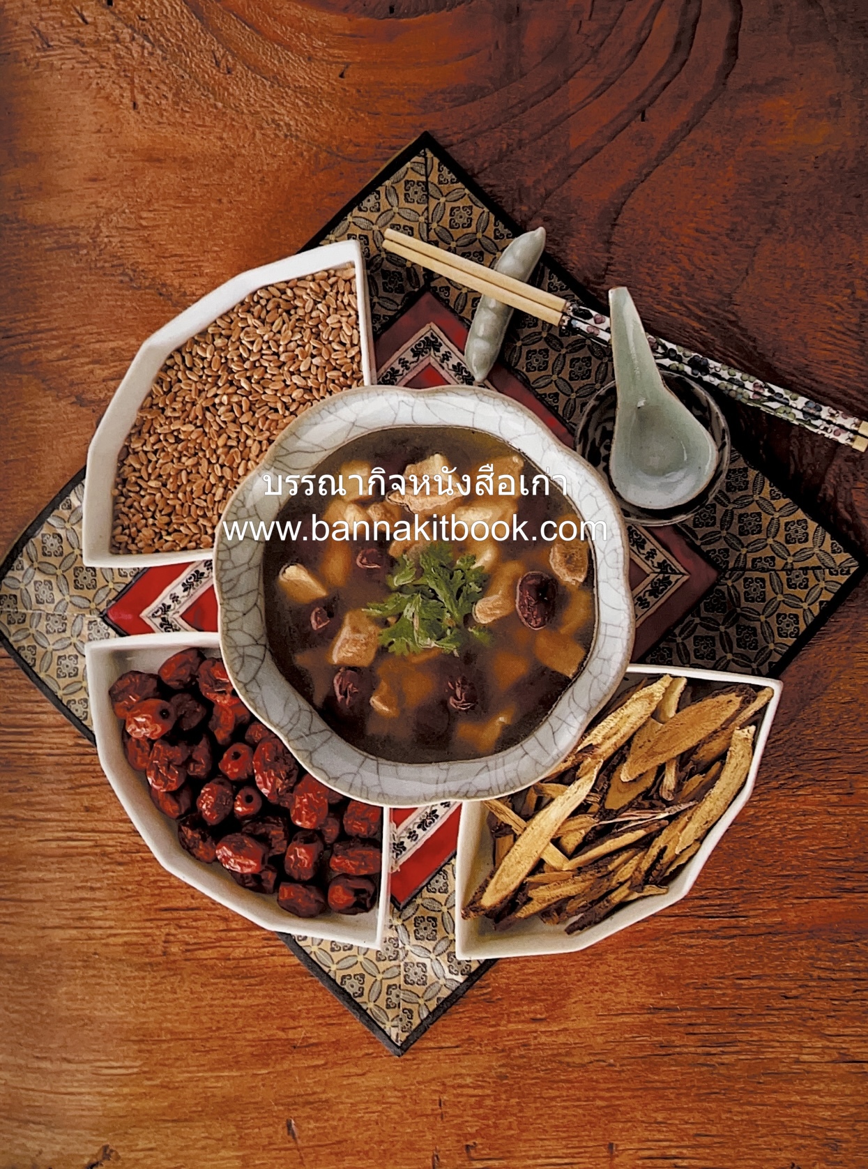 อาหารเครื่องยาจีน : หลักโภชนาการพร้อมสูตรอาหารอายุวัฒนะ โดย : รศ.ดร.ประพิณ มโนมัยวิบูลย์ และคณะ.