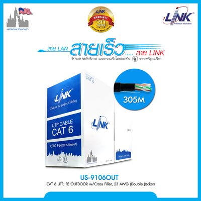 CAT6 Outdoor Ultra UTP Cable PE (Double Jacket), Bandwidth 600MHz w/Cross Filler, 23 AWG, CMX Black Color 305 M./Pull Box