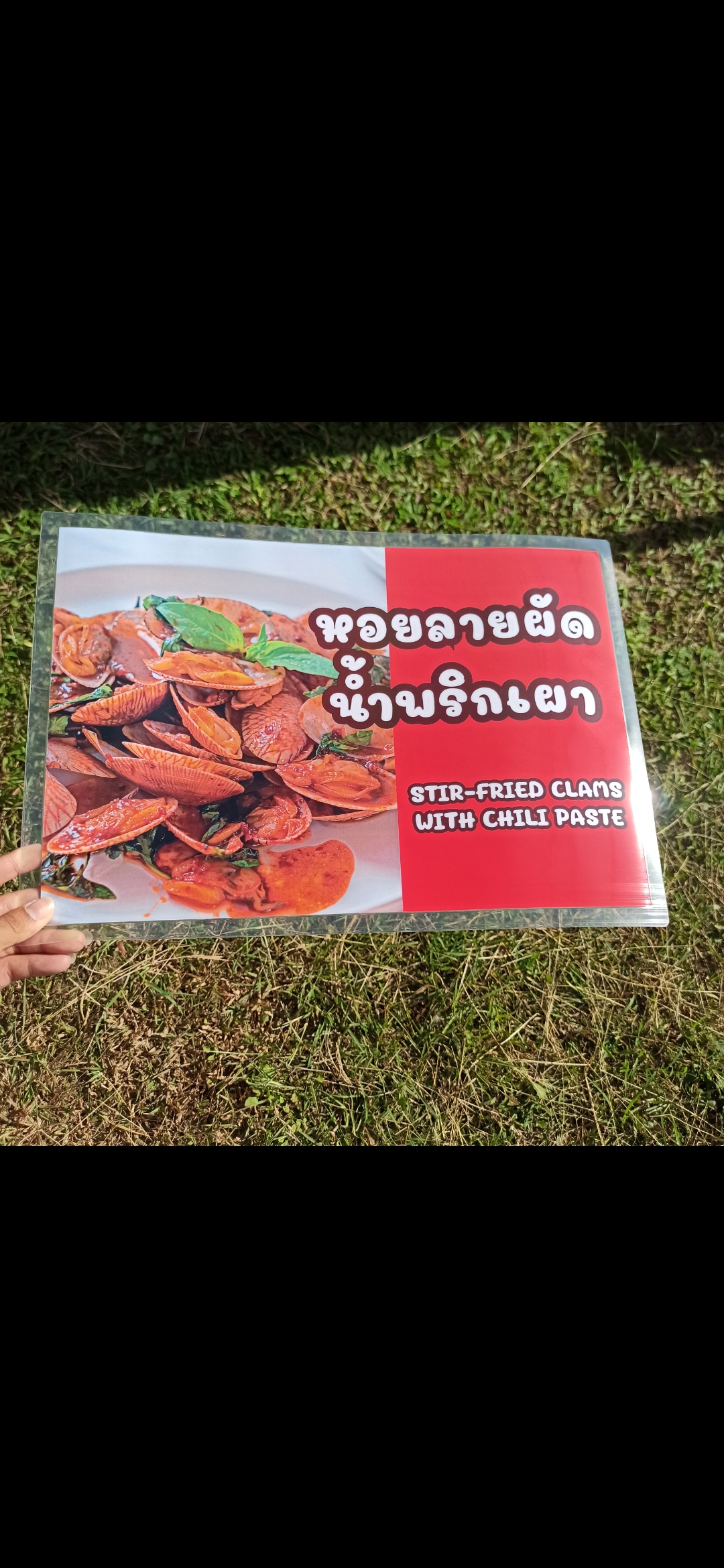 ชุดป้ายเมนู A3 อาหารทะเล 7 แผ่น | ผักบุ้งไฟแดง, กะหล่ำปลีทอดน้ำปลา, ปลากระพงทอดน้ำปลา, ปลากระพงนึ่งมะนาว | เพิ่มยอดขายร้านของคุณทันที! | รหัส 3977