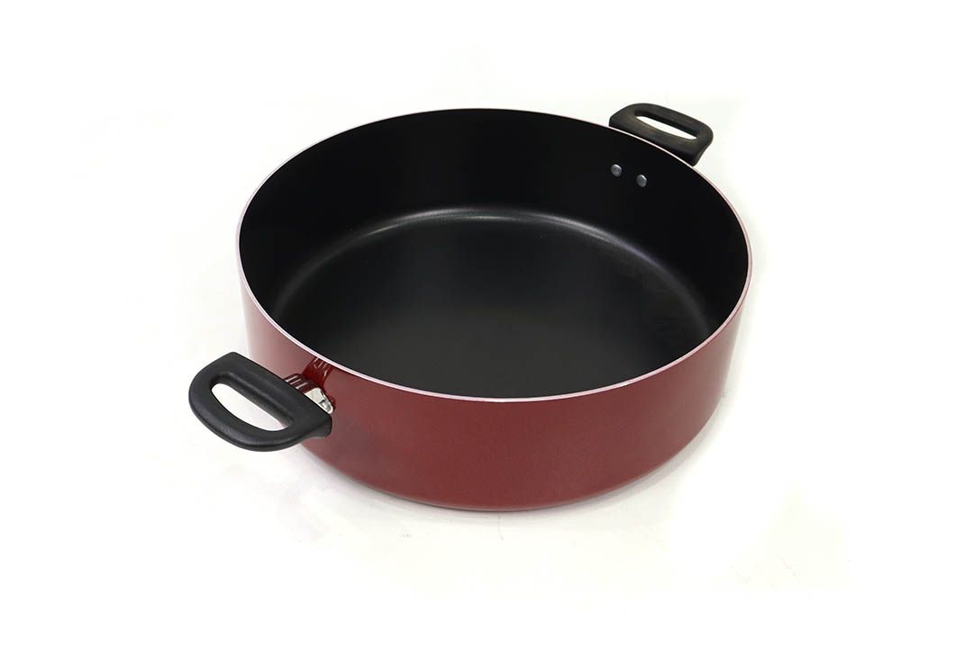 Cooking Pot หม้อเคลือบ ก้นตื้น หูจับหุ้มพลาสติก สีแดง 36x50x10cm