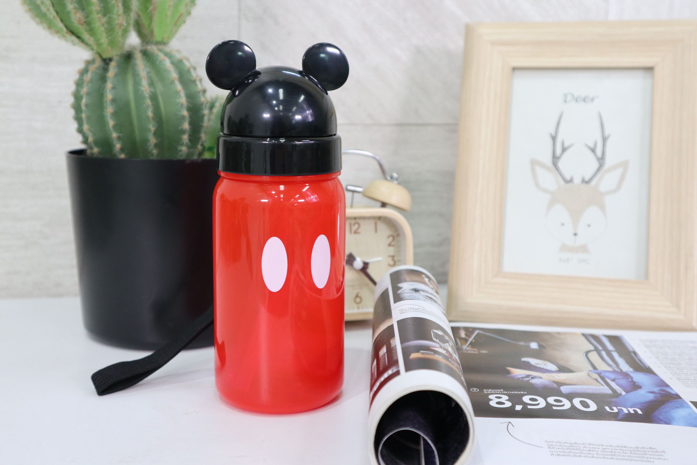 Water Bottle กระติกน้ำสำหรับเด็ก มีสายคล้องและหลอด Mickey Mouse JPQuality 350ml 6x18cm