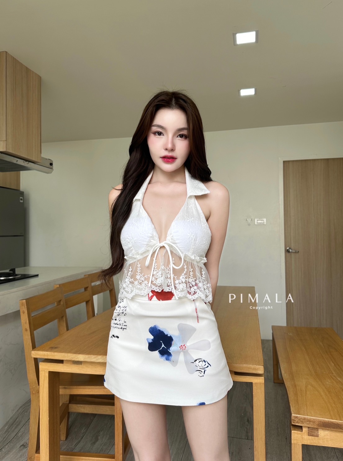 SETเสื้อ+กระโปรงเสื้อคอปกสีขาวลายลูกไม้