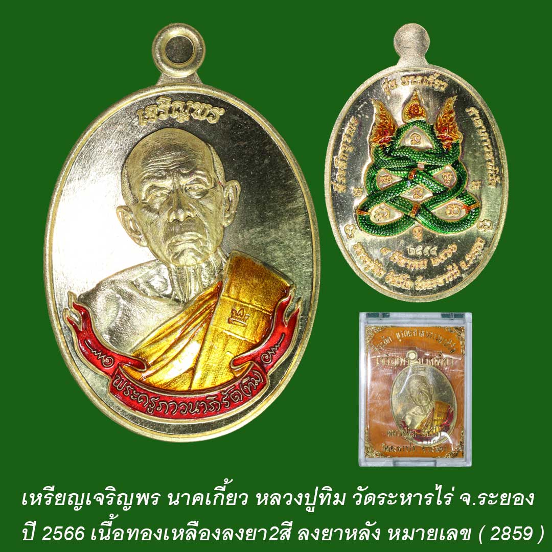 เหรียญเจริญพร นาคเกี้ยว หลวงปู่ทิม วัดระหารไร่ ปี66 เนื้อทองเหลือง ลงยา2สี ลงยาหลัง