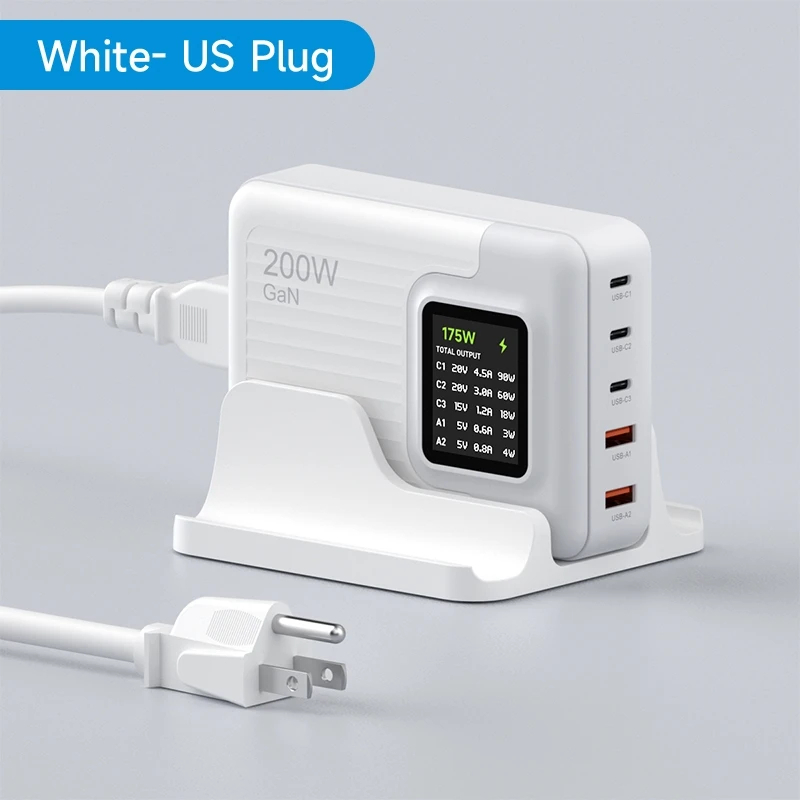 Whtie สีขาว Hagibis PD085pt 200W USB C Charger, Desktop 5 Ports GaN Charger with LCD Display Fast Charging Station PD 3.0