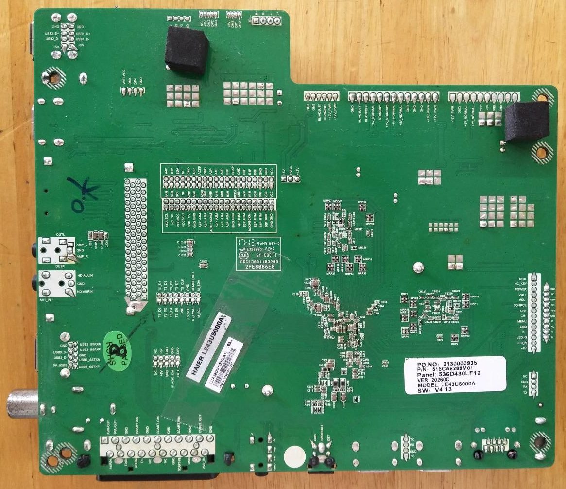 วันบอร์ดทีวีไฮเออร์ ( HAIER) อะไหล่แท้/มือสองพร้อมใช้งาน รุ่นLE43U5000A เวอร์ชั่นทีบาร์LC430DUY (SH) (A1)