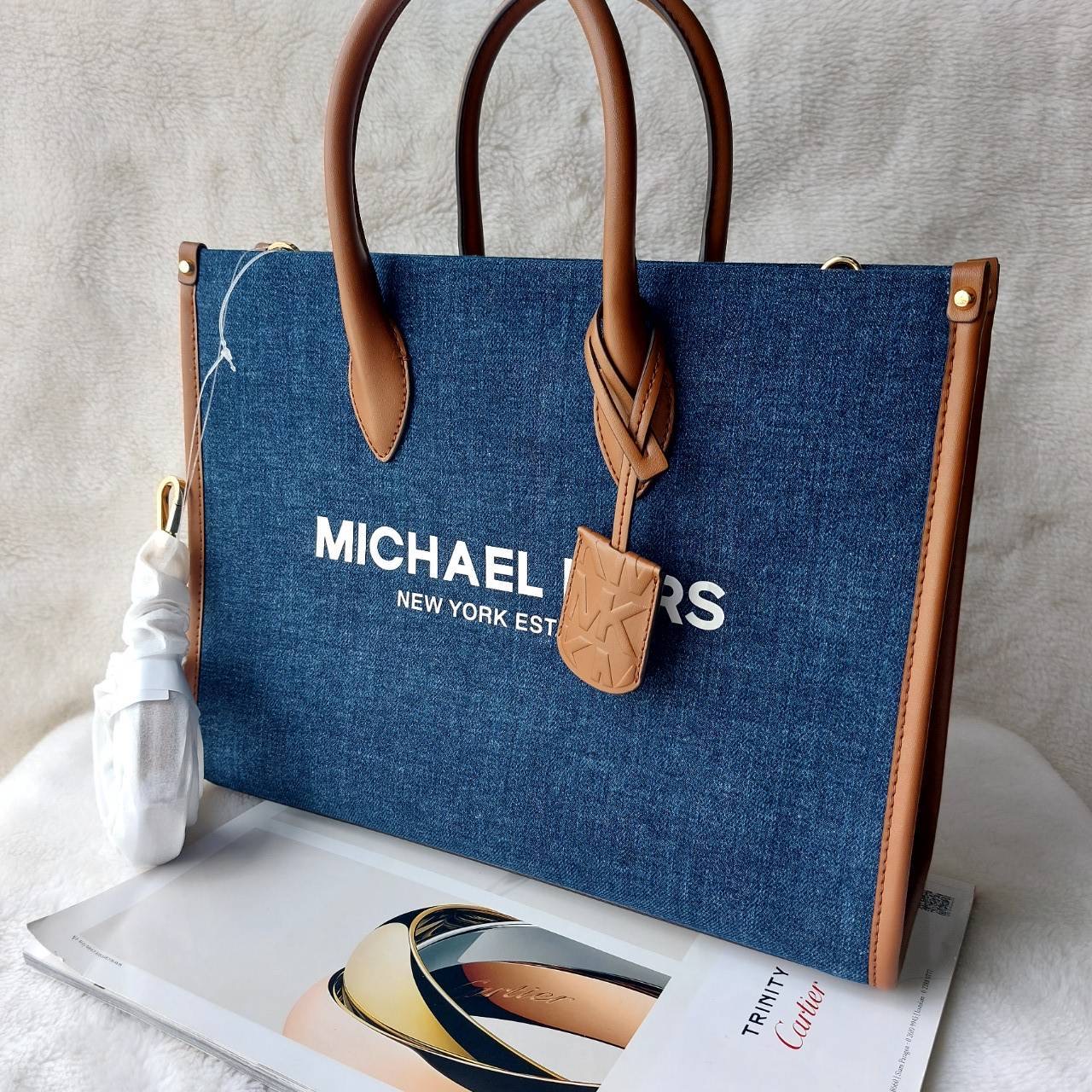 New Micheal Kors Mirella Denim Medium Shopper Xbody bag Indigo