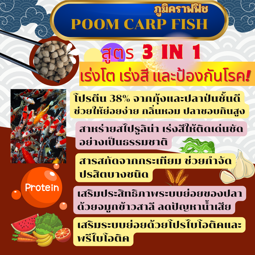 อาหารปลาคาร์ฟ เกรดพรีเมี่ยม POOMCARPFISH ครบทุกสูตรในซองเดียว สูตร 3 in 1 (เร่งโต+เร่งสี+ป้องกันโรค) เหมาะปลาคราฟทุกสายพันธ์ (บรรจุถุง 5 กก.)