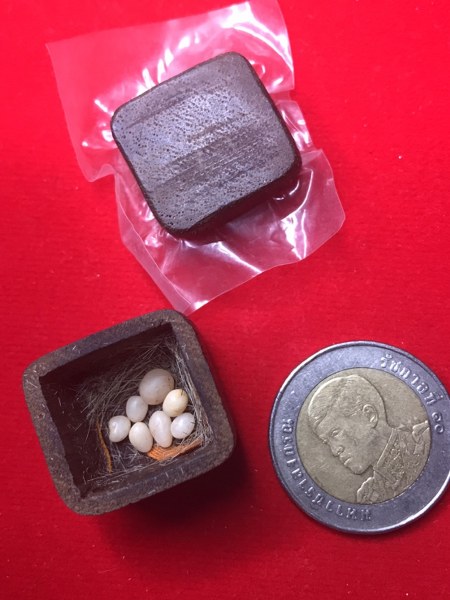 เกศา จีวร พระธาตุข้าวบิณฑ์ หลวงปู่ครูบาชัยยะวงศา เก็บในผอบไม้แบบชาวบ้านนี้ ทราบแต่ว่าได้มาจากชาวบ้านอำเภอลี้ ไม่มีข้อมูลมากนัก