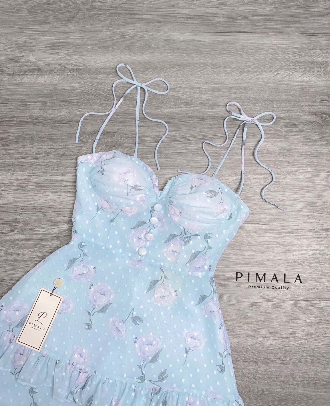 เดรสสายเดี่ยวผูกโบว์ปรับระดับได้เลยน้า(ฟ้า)