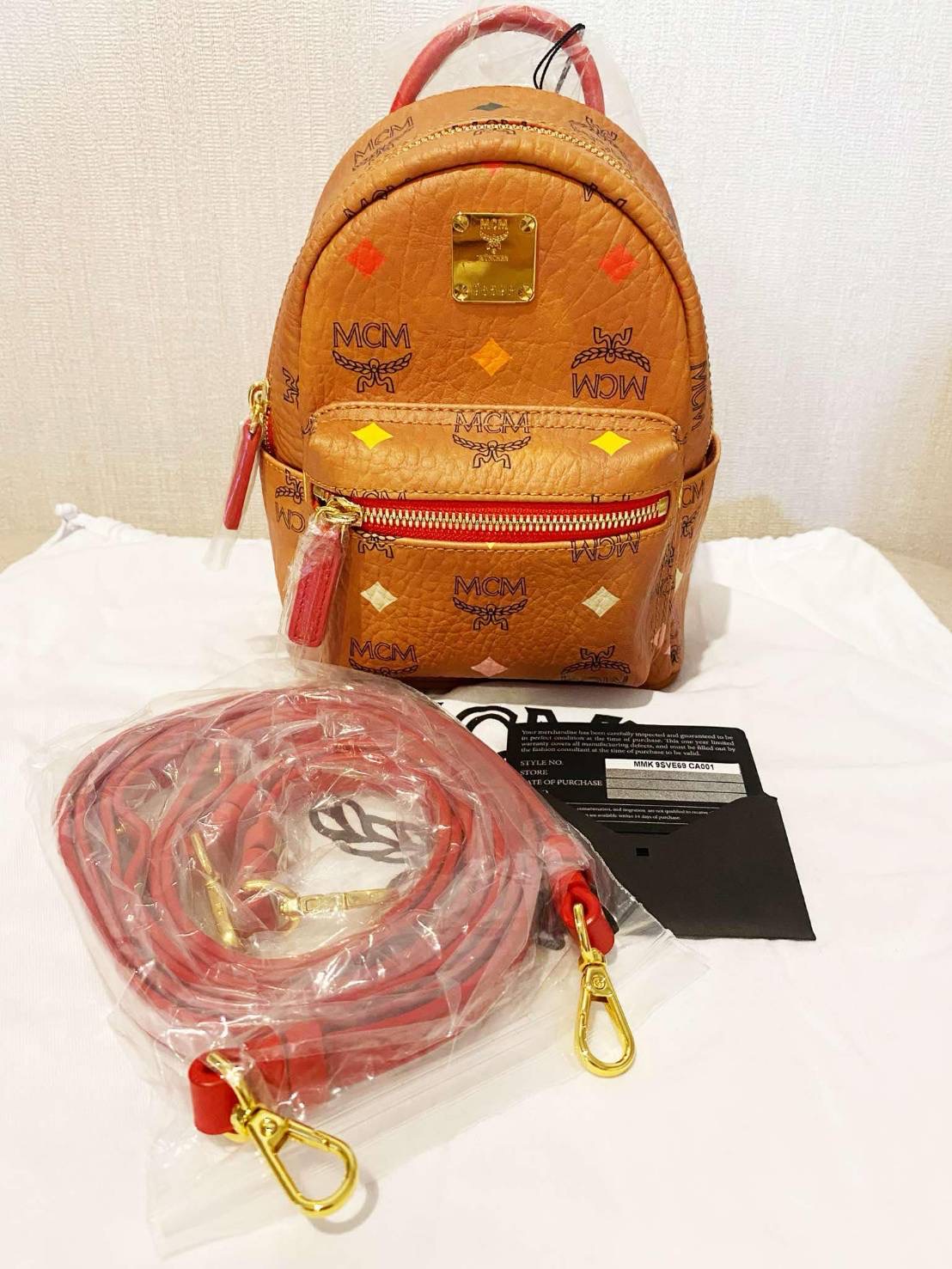 New MCM Stark backpack X-mini in Visetos อุปกรณ์ถุงผ้า การ์ด Size:10.0 x 17.5 x 21.0 ซม. โดยประมาณ สายยาว 99.5 ถึง 114 ซม.