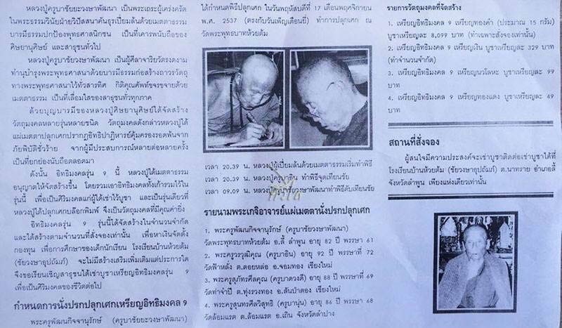 เหรียญครูบาชัยวงค์ รุ่นอิทธิมงคล 9 เนื้อทองแดง พิธี วันที่ 17 พฤศจิกายน พ.ศ. 2537 ครบรอบ 82 ปี พรรษา 61 ตรงกับวันเพ็ญ เดือนยี่ รุ่นนี้ได้จัดสร้างในจำนวนจำกัดและได้สร้างตามจำนวนที่สั่งจองเท่านั้น เหรียญนี้สามารถทำน้ำมนต์ได้เหมือนเหรียญตานใช้