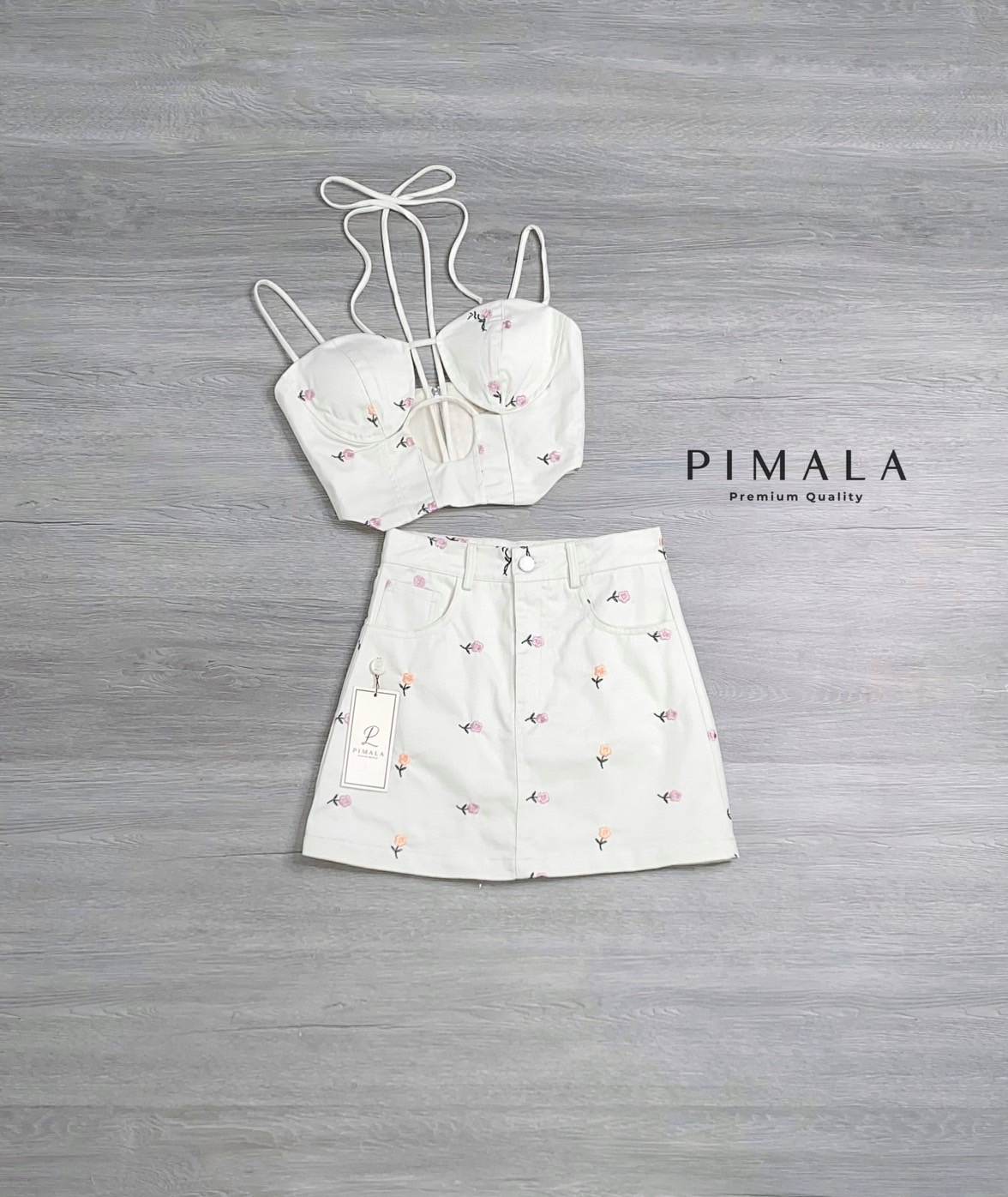 SETเสื้อ+กระโปรง เซ็ทเสื้อสายเดี่ยวมีสายผูกคอเก๋ๆ