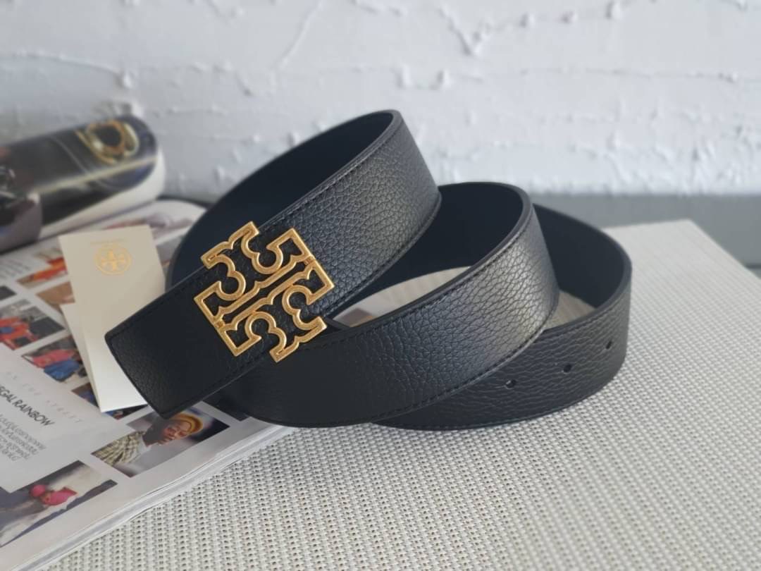 New Tory Burch Britten 1.5" Reversible Logo Belt Pebble Leather