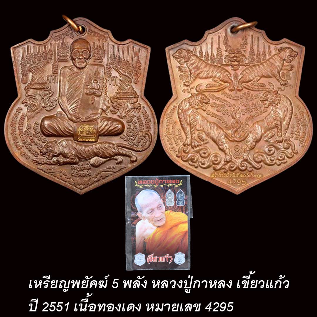 เหรียญพยัคฆ์ 5 พลัง หลวงปู่กาหลง เขี้ยวแก้ว ปี 2551 เนื้อทองแดง หมายเลข 4295