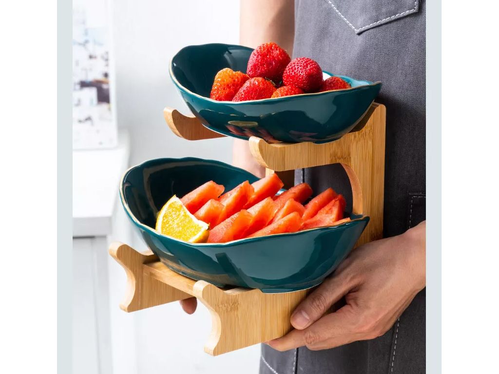 Snack plate ชุดชั้นวางขนม 2 ชั้น จานผลไม้ 15x21x22 cm