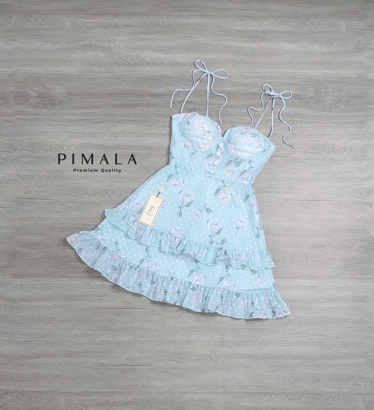 เดรสสายเดี่ยวผูกโบว์ปรับระดับได้เลยน้า(ฟ้า)