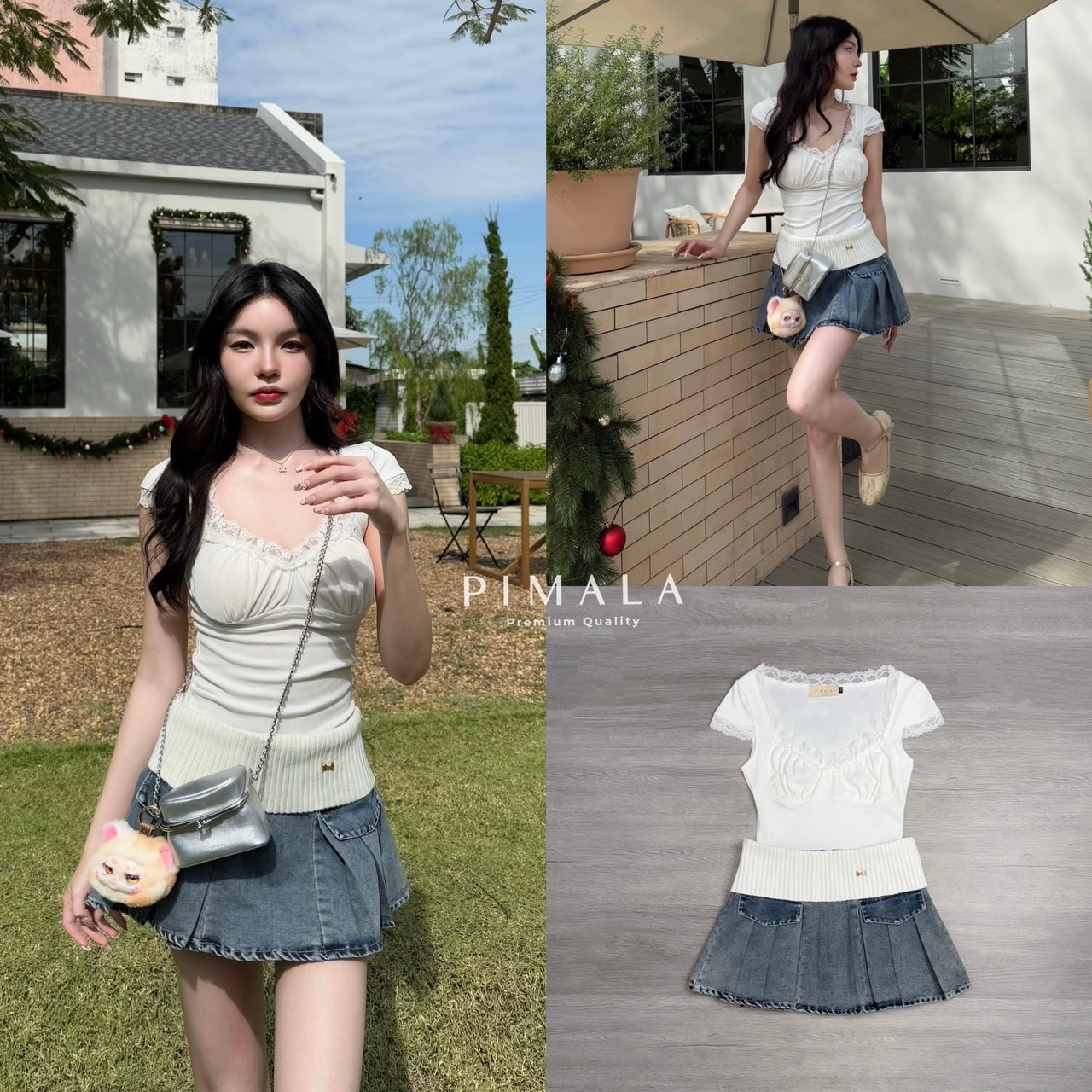 เซ็ตเสื้อสีขาวแต่งขอบลูกไม้มาคู่กับกระโปรงยีนส์