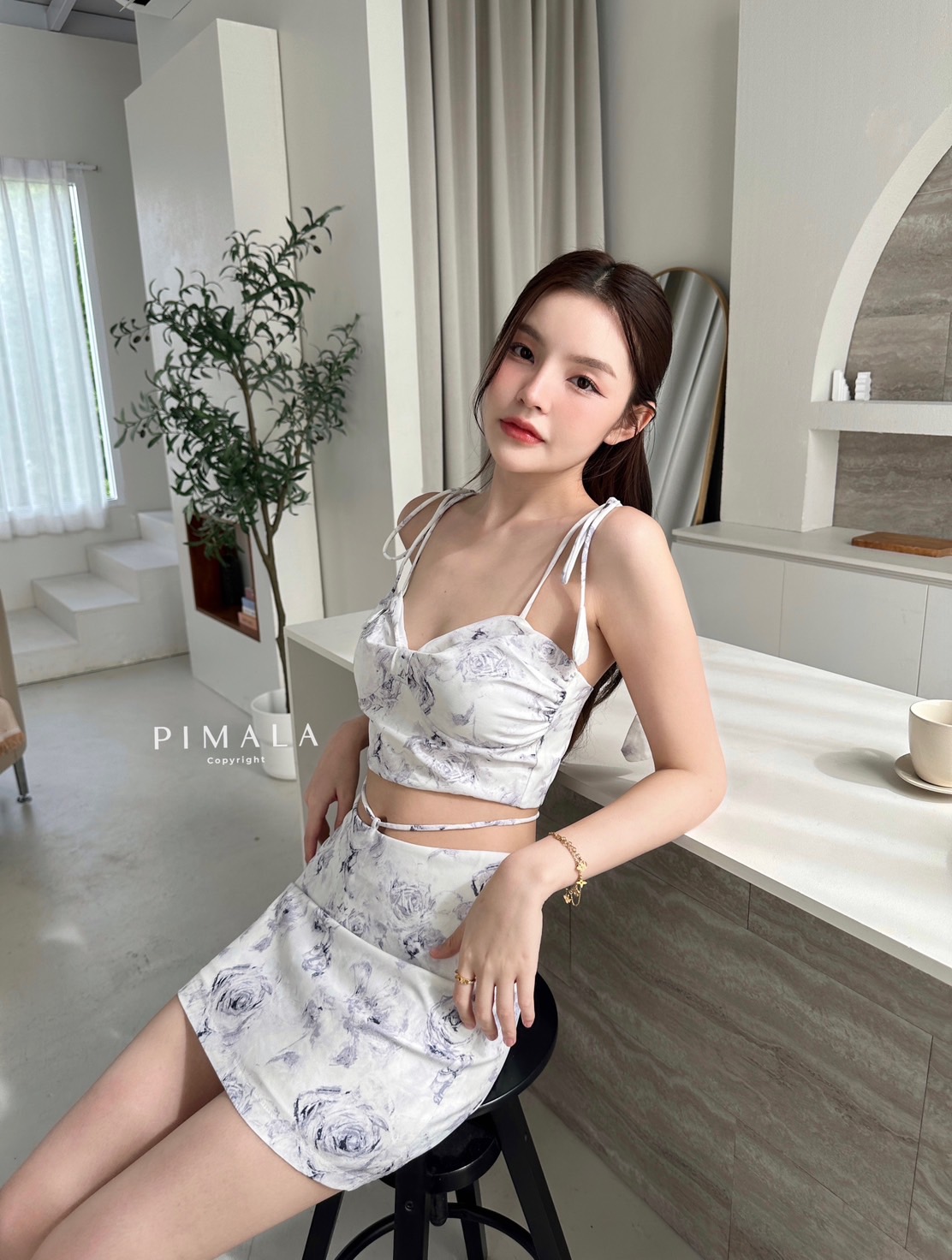 SETเสื้อสายเดี่ยวสายผูกโบว์ปรับระดับได้