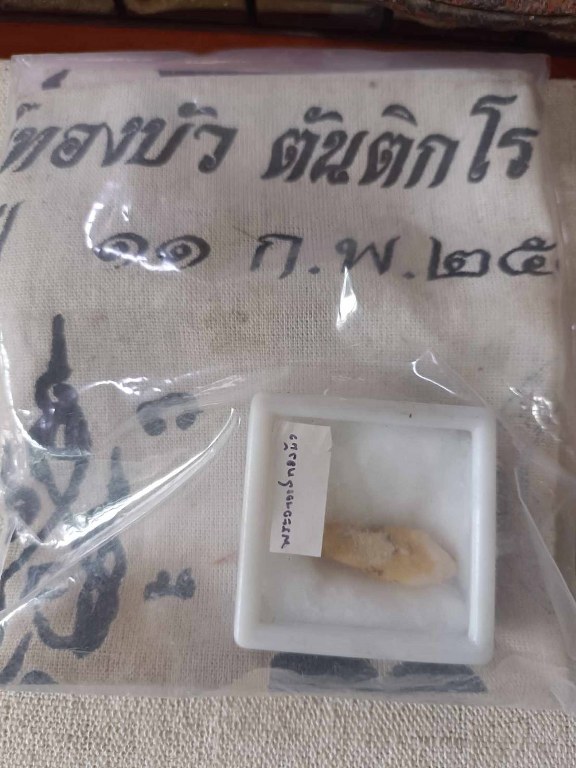 พระทันตธาตุ ผ้ายันต์ หลวงปู่ทองบัว ตันติกโร วัดโรงธรรมสามัคคี อ.สันกำแพง จ.เชียงใหม่ ได้มาจากคุณจรินทร์ อดีตเป็นผู้ช้วยผู้ใหญ่บ้านใน อ.สันกำแพง ปัจจุบันอายุ 68 ปี (บันทึก พ.ศ.2566) ท่านเป็นลูกศิษย์หลวงปู่ทองบัว ได้พระทันตธาตุองค์นี้มาเมื่อปี 2550