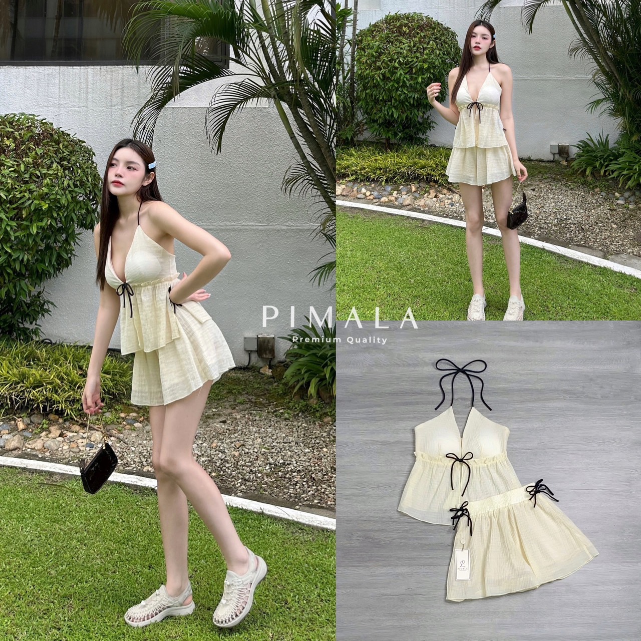 SETเสื้อผูกหน้าอกเข้าหากันมีสายผูกคอสีดำ