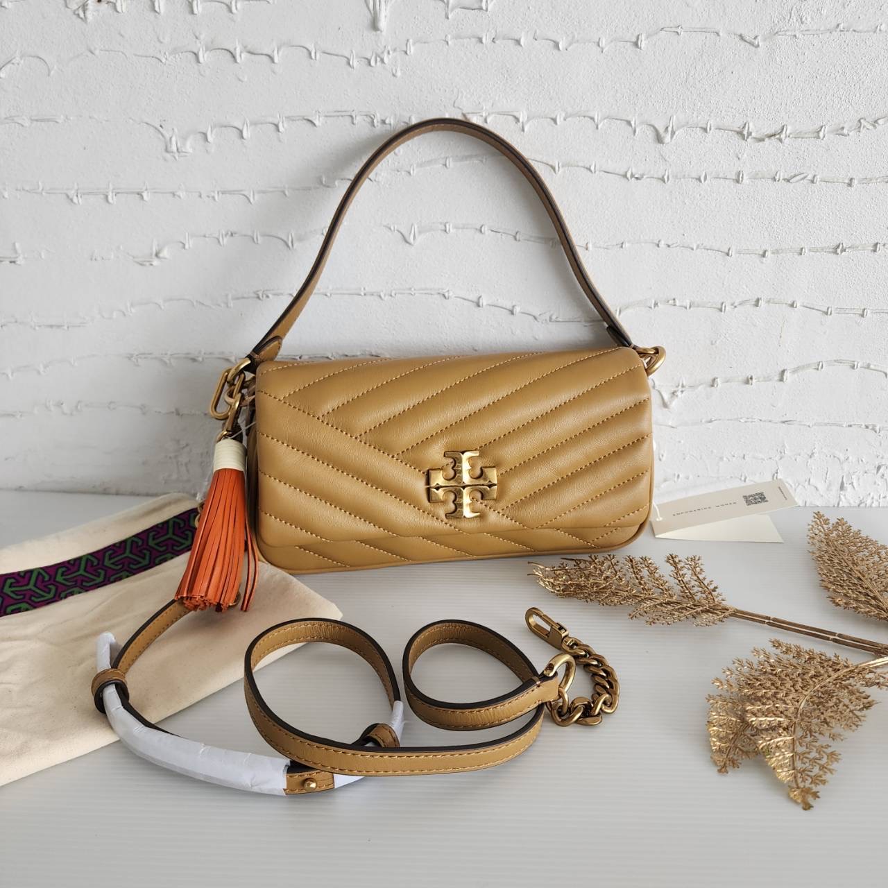 New TORY BURCH KIRA CHEVRON TASSEL SMALL FLAP SHOULDER BAG Dusty Almond