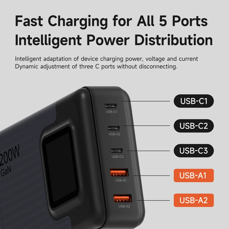 Whtie สีขาว Hagibis PD085pt 200W USB C Charger, Desktop 5 Ports GaN Charger with LCD Display Fast Charging Station PD 3.0