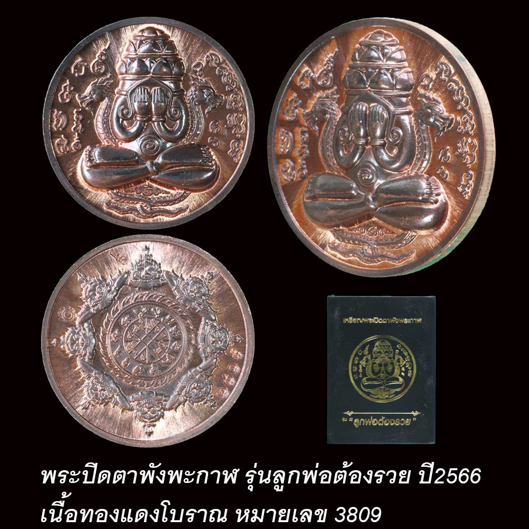 เหรียญปิดตาพังพระกาฬ รุ่นลูกพ่อต้องรวย ปี66 เนื้อทองแดงโบราณ เลข 3809