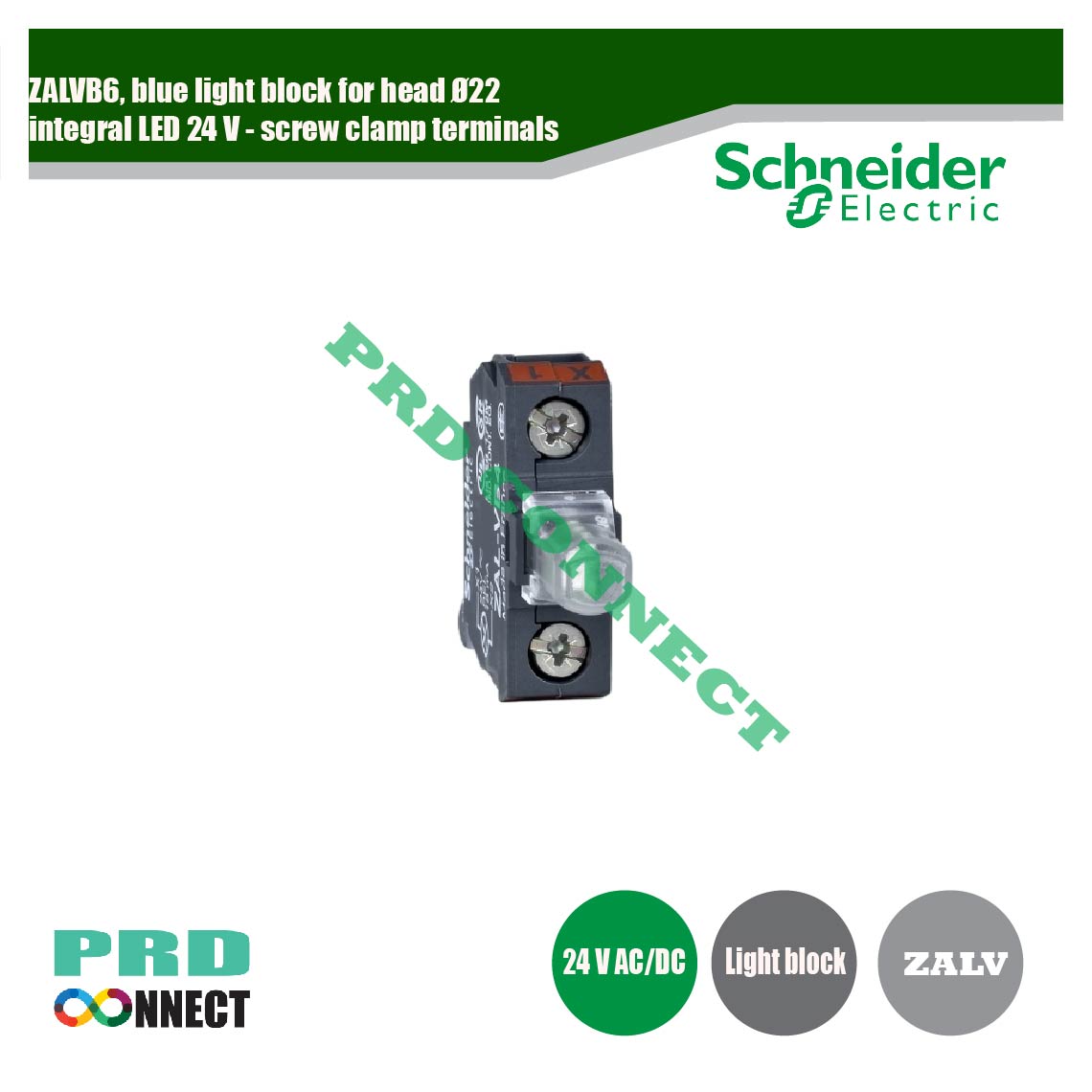 ZALVB6, blue light block for head Ø22 integral LED 24 V - screw clamp terminals, Schneider