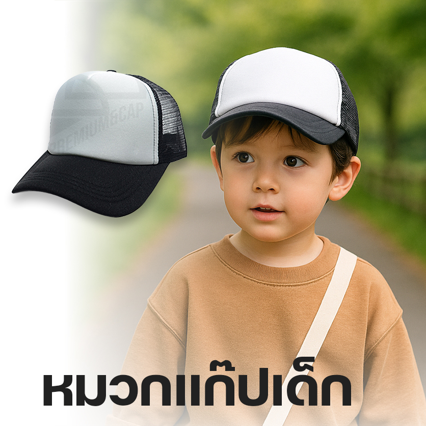 DDPREMIUM┃(👶🏼สำหรับเด็ก) หมวกแก๊ปหน้าฟองน้ำหลังตาข่าย┃ที่ปรับสแนปแบค┃บริการปักสกรีนตัวหนังสือโลโก้