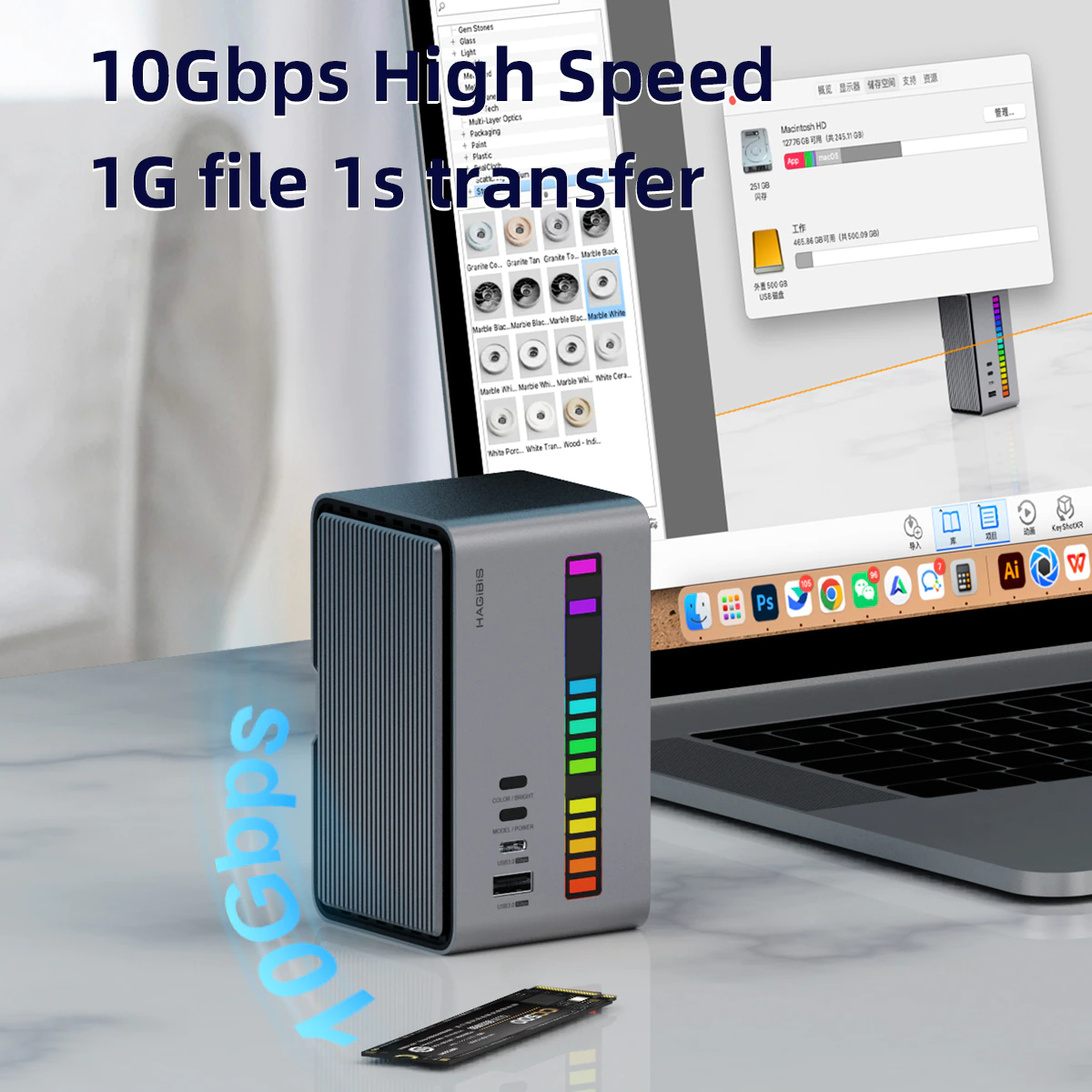 [ออกใบกำกับภาษีได้]พร้อมส่งจาก กทม Hagibis U100pro USB C Docking Station Dual Monitor, LED Strip Light USB-C Hub Type-C Adapter with HDMI, M.2 SSD 100W PD