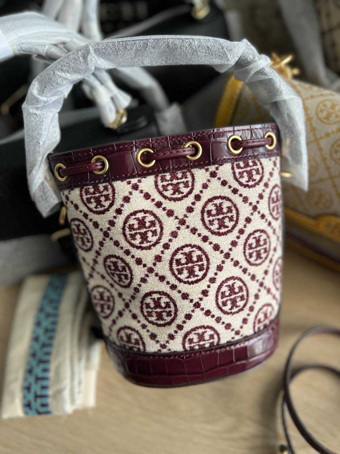 New TORY BURCH T MONOGRAM CHENILLE MINI BUCKET BAG