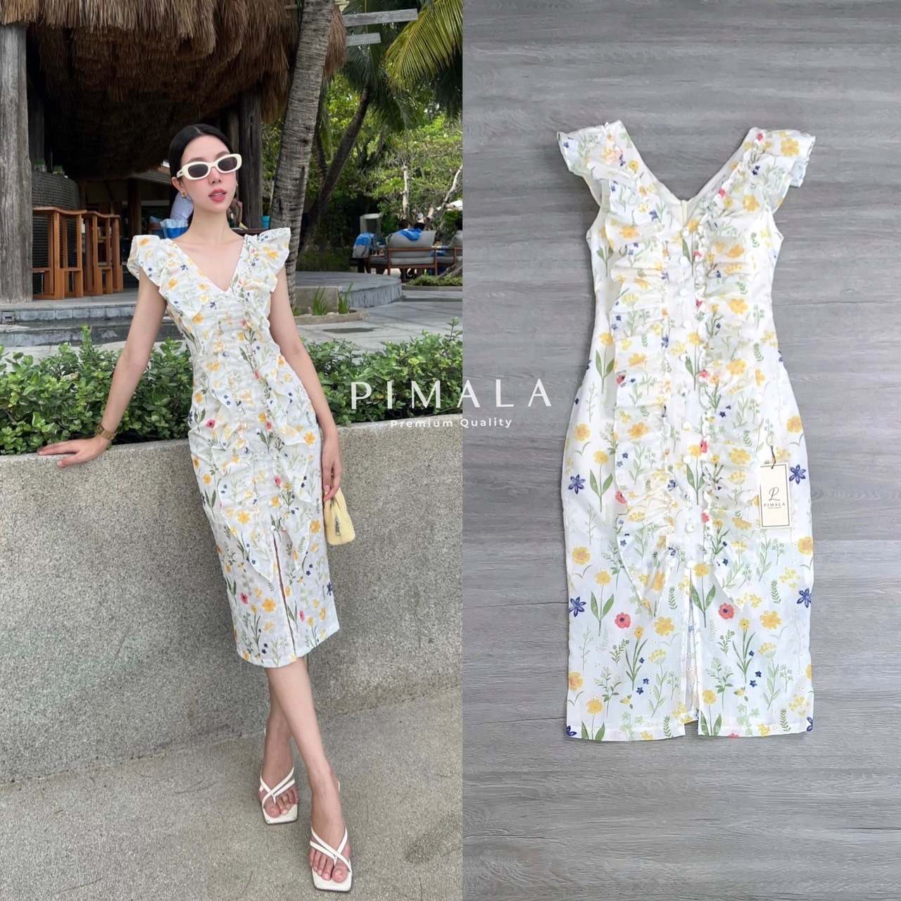 เดรสงานปักลายดอกไม้สีสวยระบายหน้า