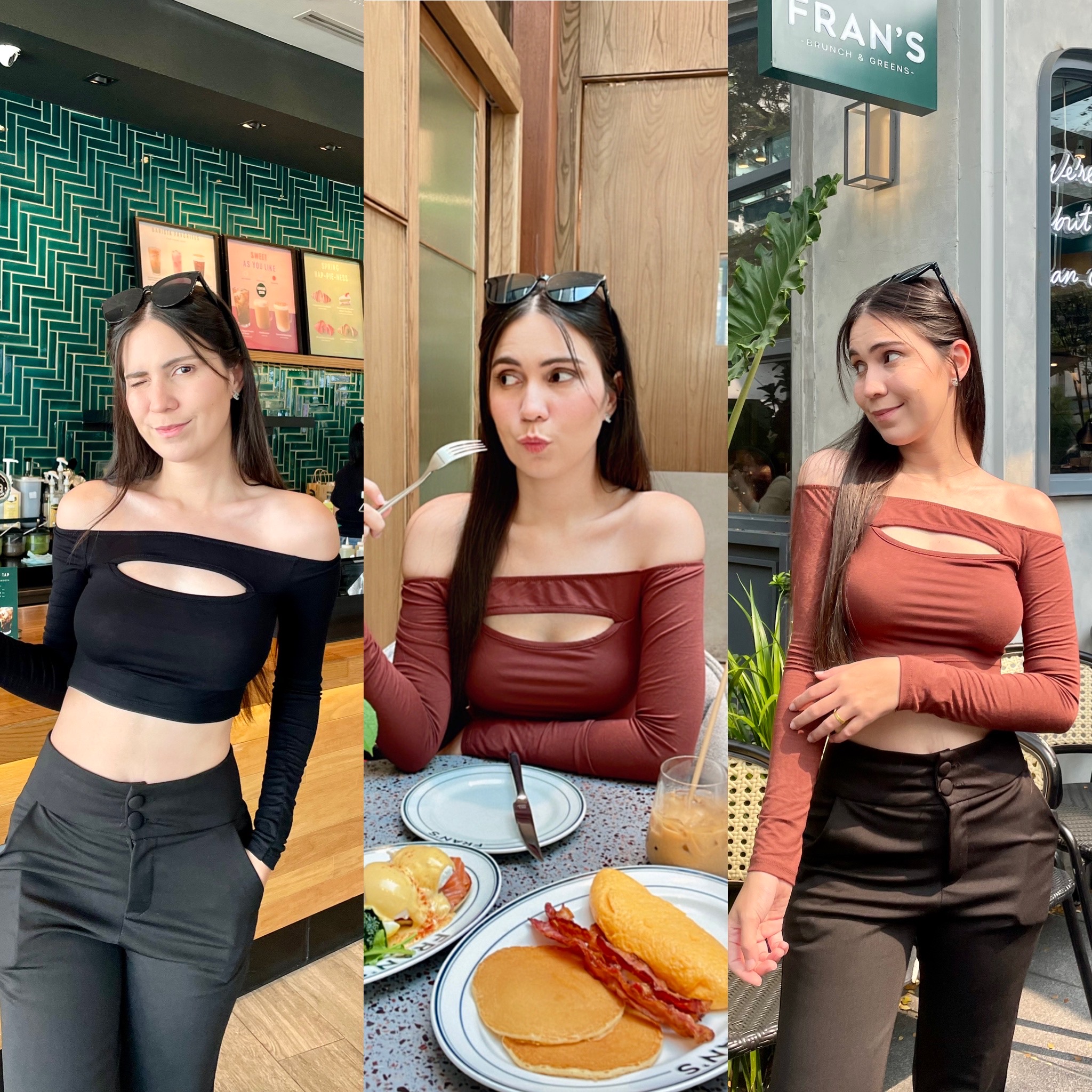 🌹Davi Top🌹 เสื้อครอปปาดไหล่ เปิดอกเบาๆ งานสวยแซ่บ 😍 แขนยาวรัดรูปให้แขนดูเรียวเล็ก Cropbkk