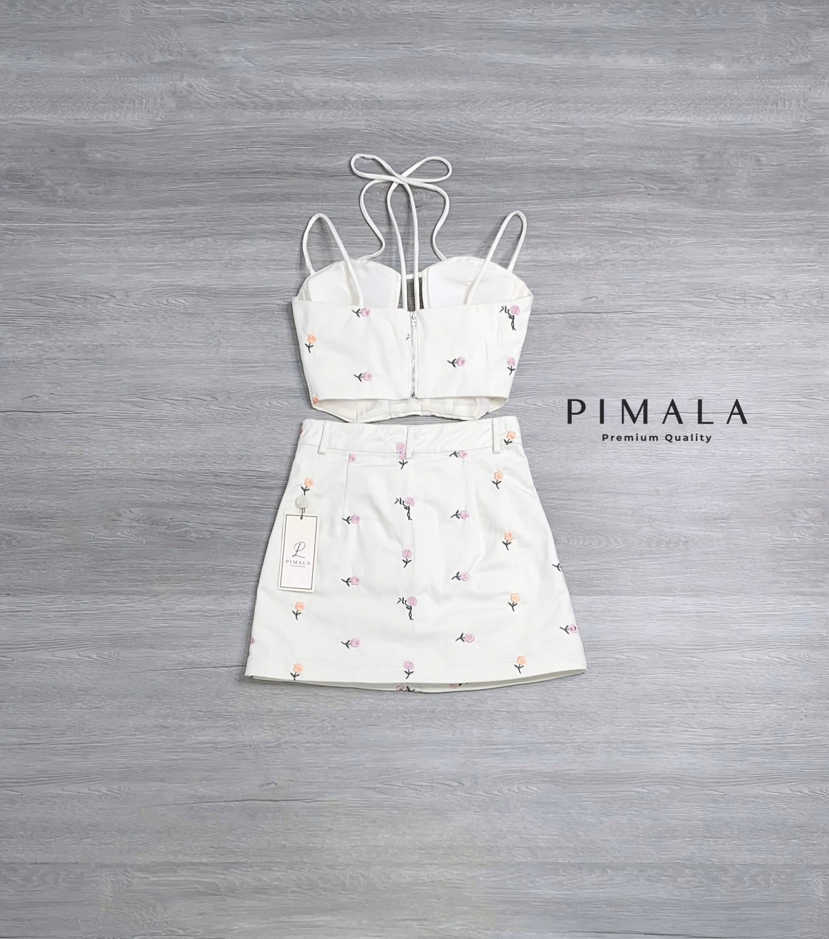 SETเสื้อ+กระโปรง เซ็ทเสื้อสายเดี่ยวมีสายผูกคอเก๋ๆ