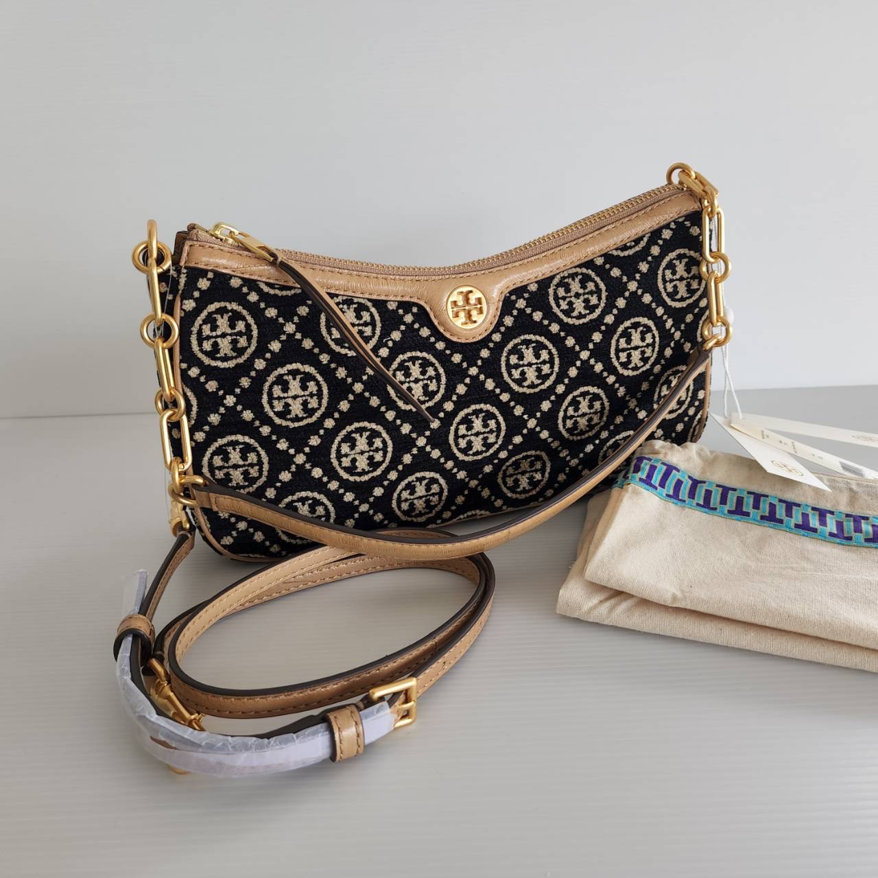 New Tory Burch T Monogram Chenille Shoulder Bag Color Black / New Cream