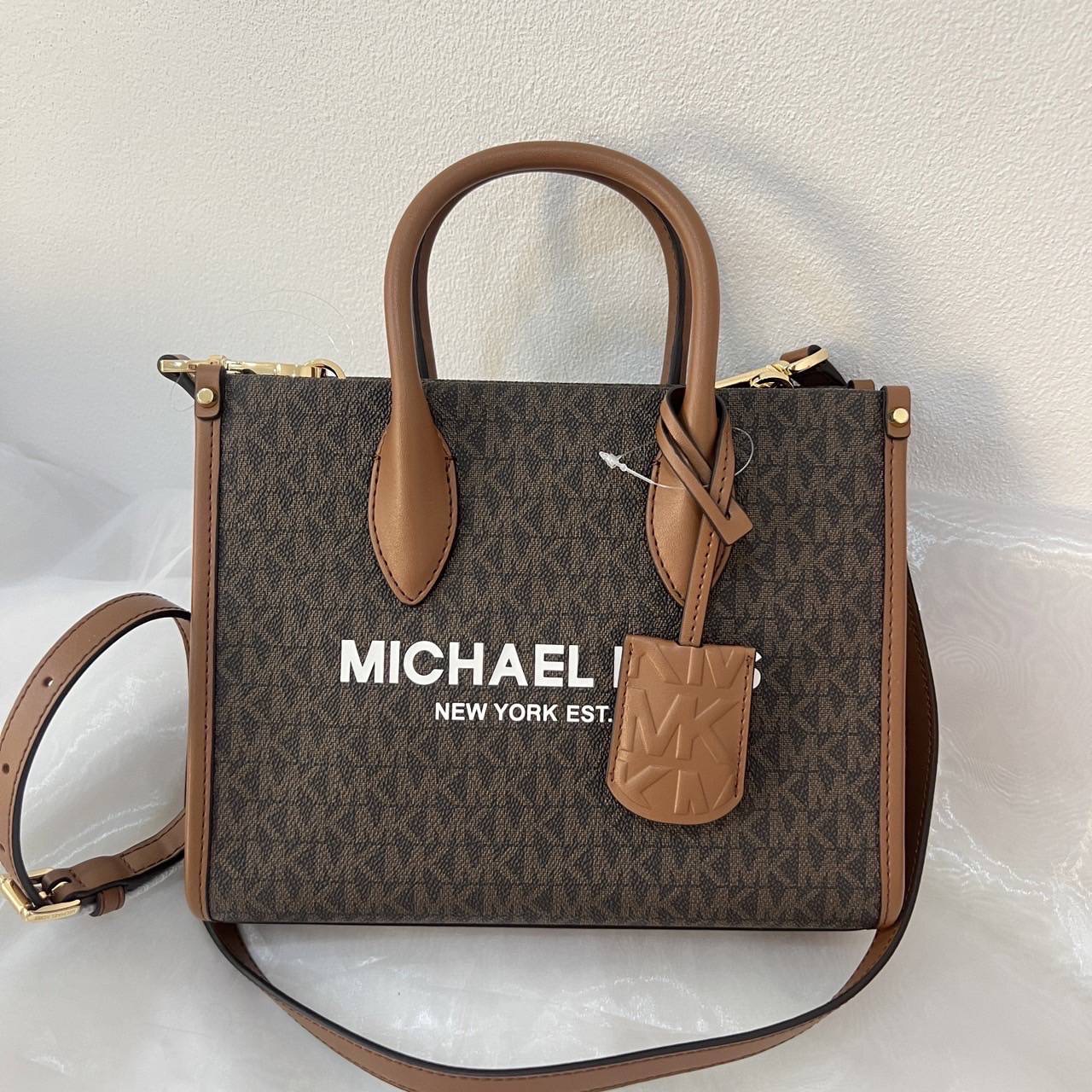 New Michael Kors Mirella Small Crossbody Tote Bag - Brown Gold HW - ขนาด 9.25”W X 7.75”H X 3.75”D
