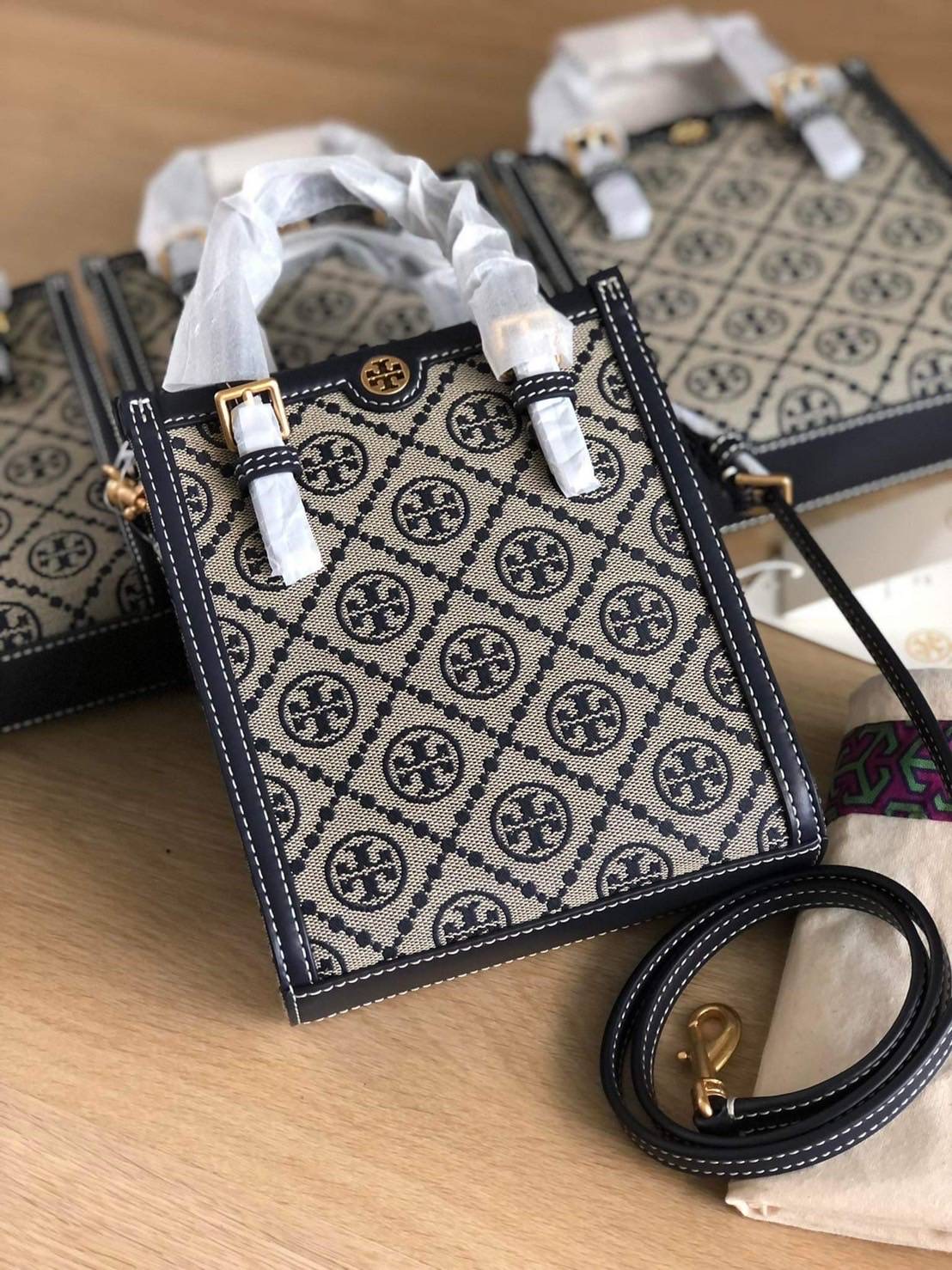 New Tory Burch T Monogram Jacquard Mini Tote Handbags Crossbody Bags
