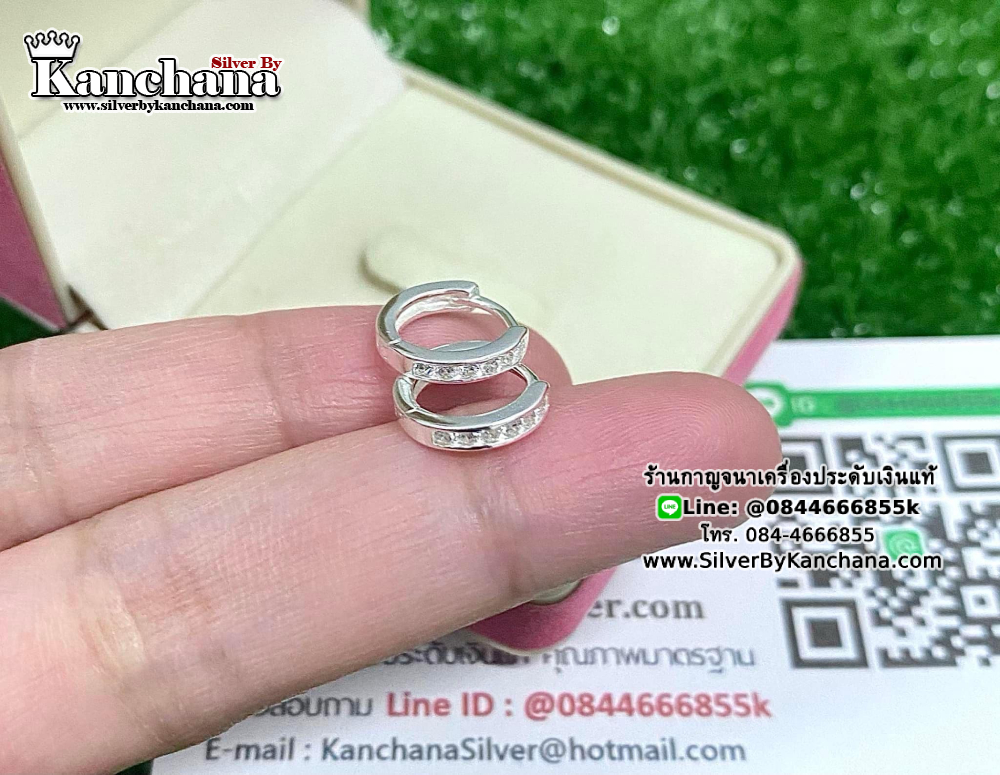 ต่างหูห่วงเงินแท้ ประดับเพชร หนา 2 มิล ห่วงกว้าง 1.1 ซม.