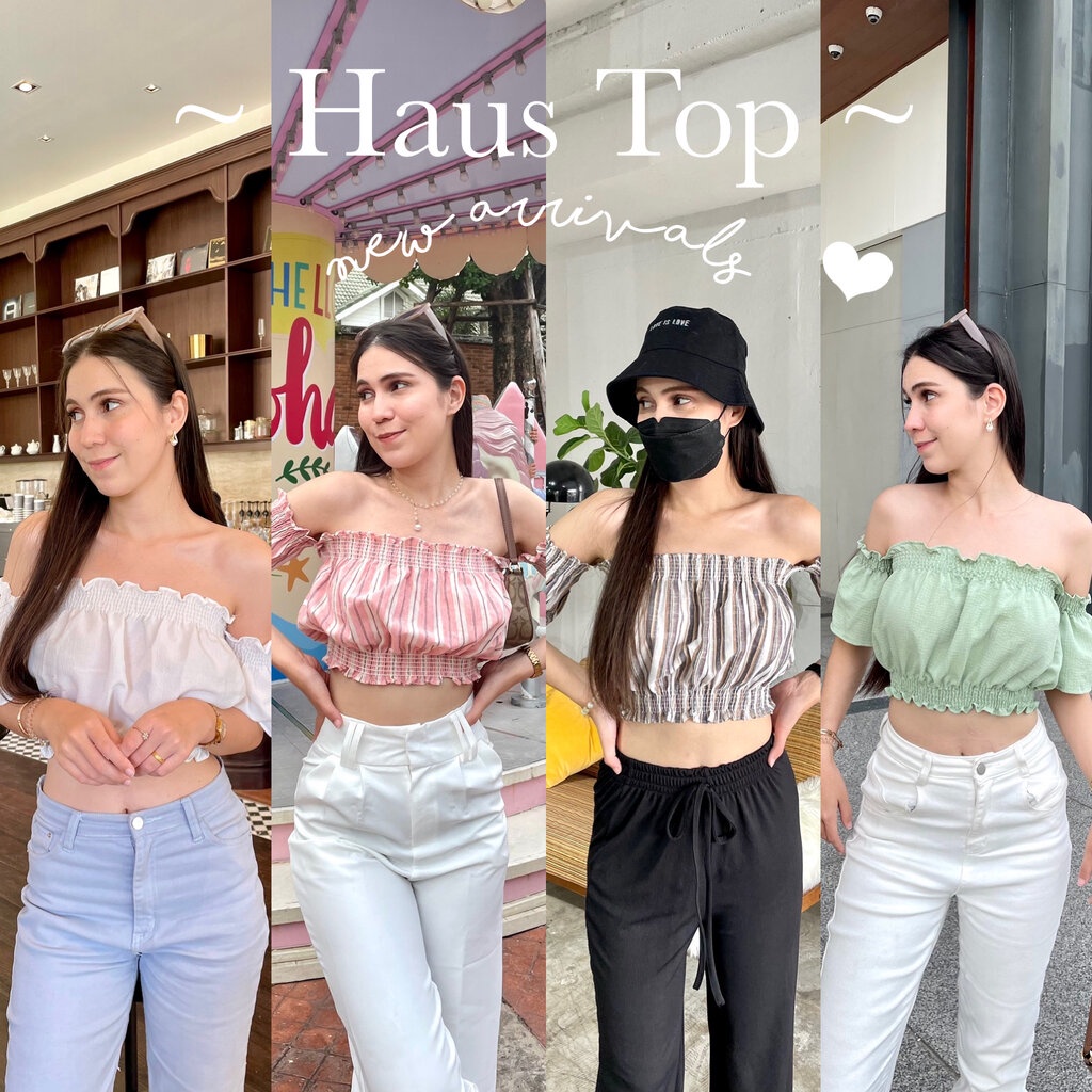 🌸Haus Top🌸 เสื้อครอปปาดไหล่ งานตัวดังสุดฮิต น่ารักมากๆ😍 เนื้อผ้าคอตตอนลินิน ใส่สบาย ไม่คัน
