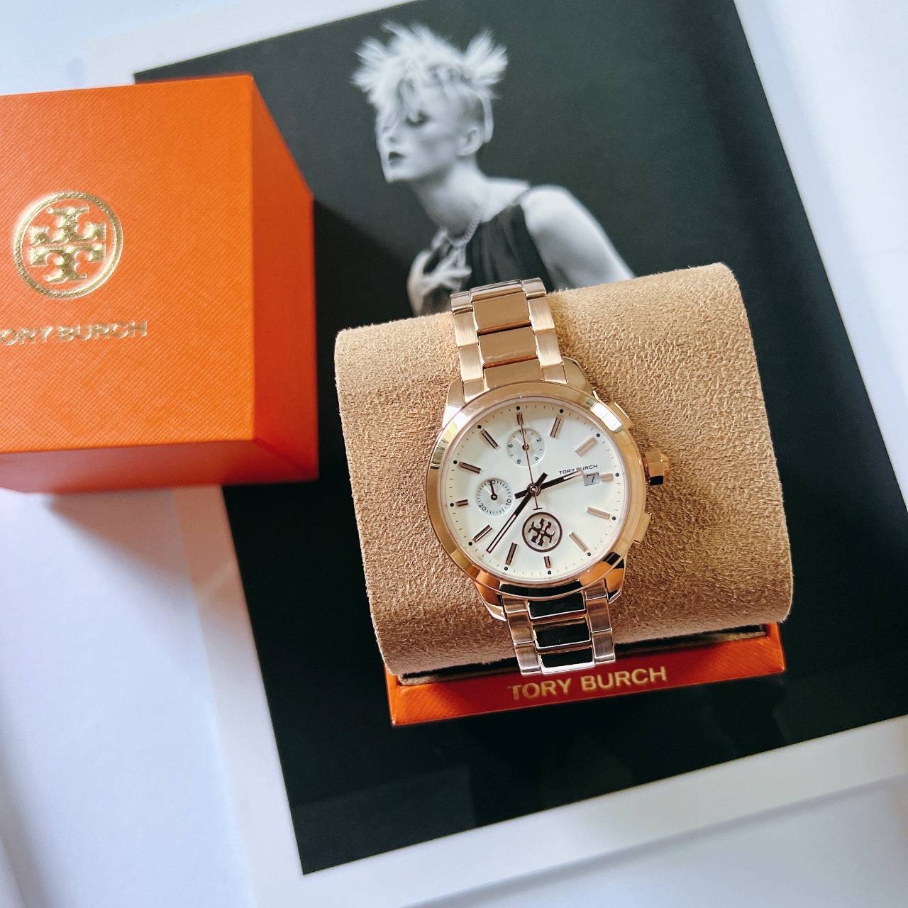กล่อง ws สีโรส สีทอง New TORY BURCH COLLINS WATCH, ROSE GOLD-TONE STAINLESS CHRONOGRAPH