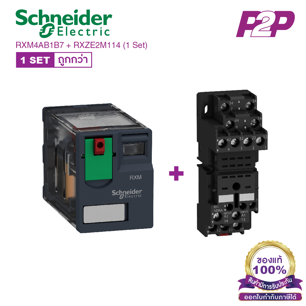RXM4AB1B7 + RXZE2M114 (1 Set) : รีเลย์พร้อมฐานเสียบ 4 คอนแทค 6A 24VAC - Schneider Relay&Socket by pik2pak.com