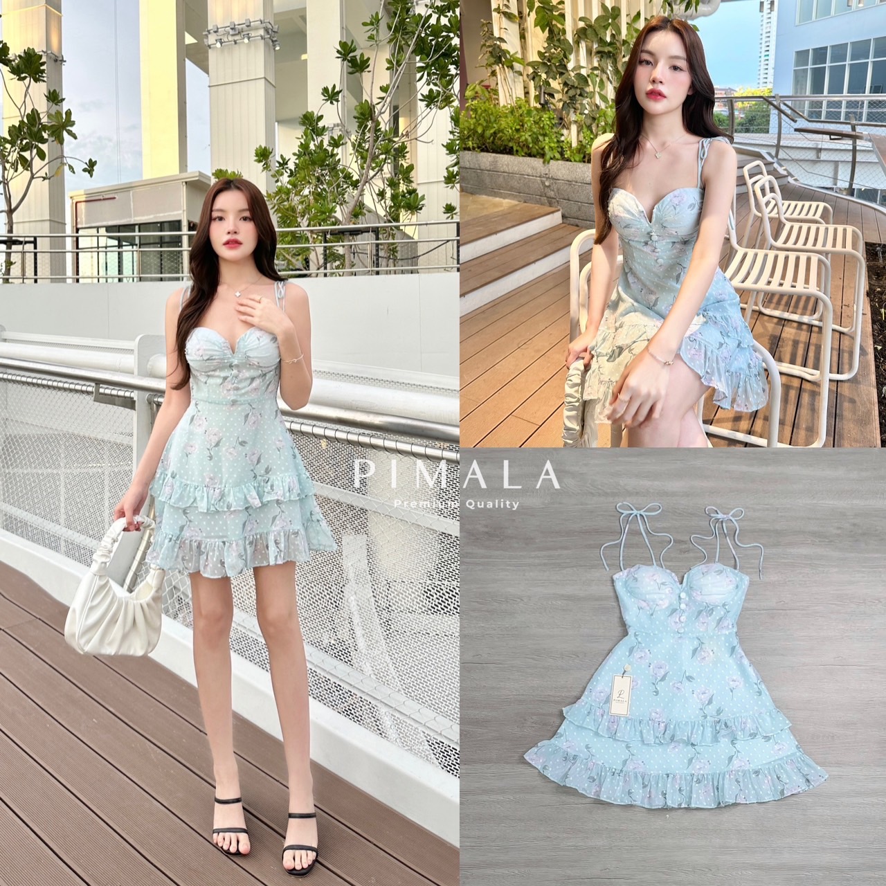 เดรสสายเดี่ยวผูกโบว์ปรับระดับได้เลยน้า(ฟ้า)