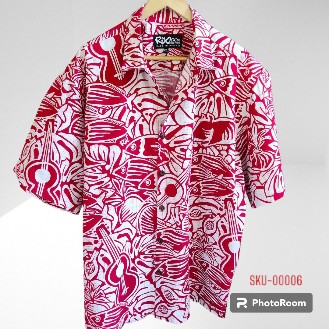 เสื้อฮาวายมือสอง ป้าย RiX ลายกีต้าร์ ปลา สับปะรด ผ้า 100% Cotton อก 27 ยาว 32 กระเป๋าต่อลาย กระดุมกะลา ราคา 250 บาท ค่าจัดส่งเหมา ๆ 30 บาท (สั่งกี่ตัวก็ได้)