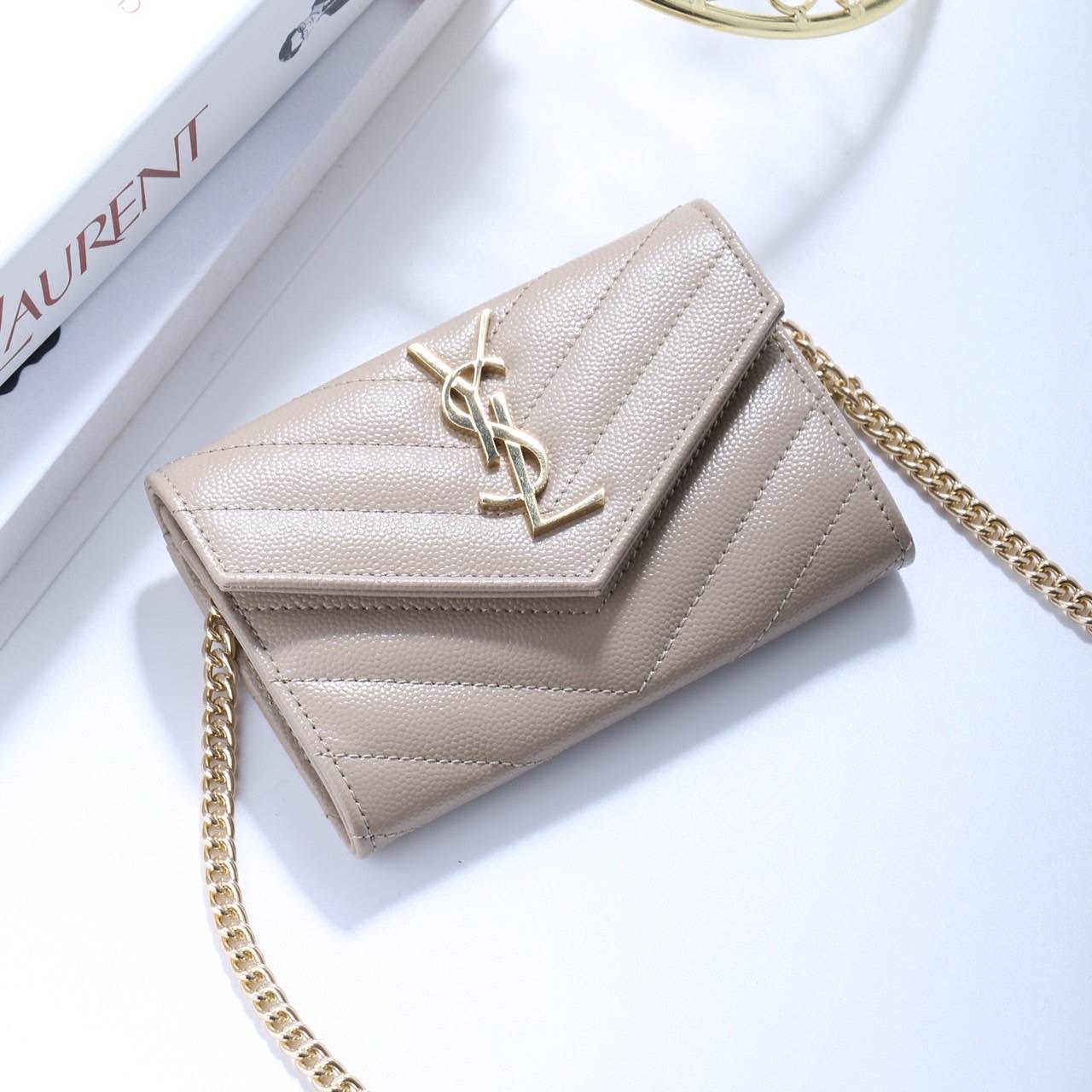 New Ysl card holder flap ปี 22 อุปกรณ์ กล่อง การ์ด ถุงผ้า แถมสายโซ่