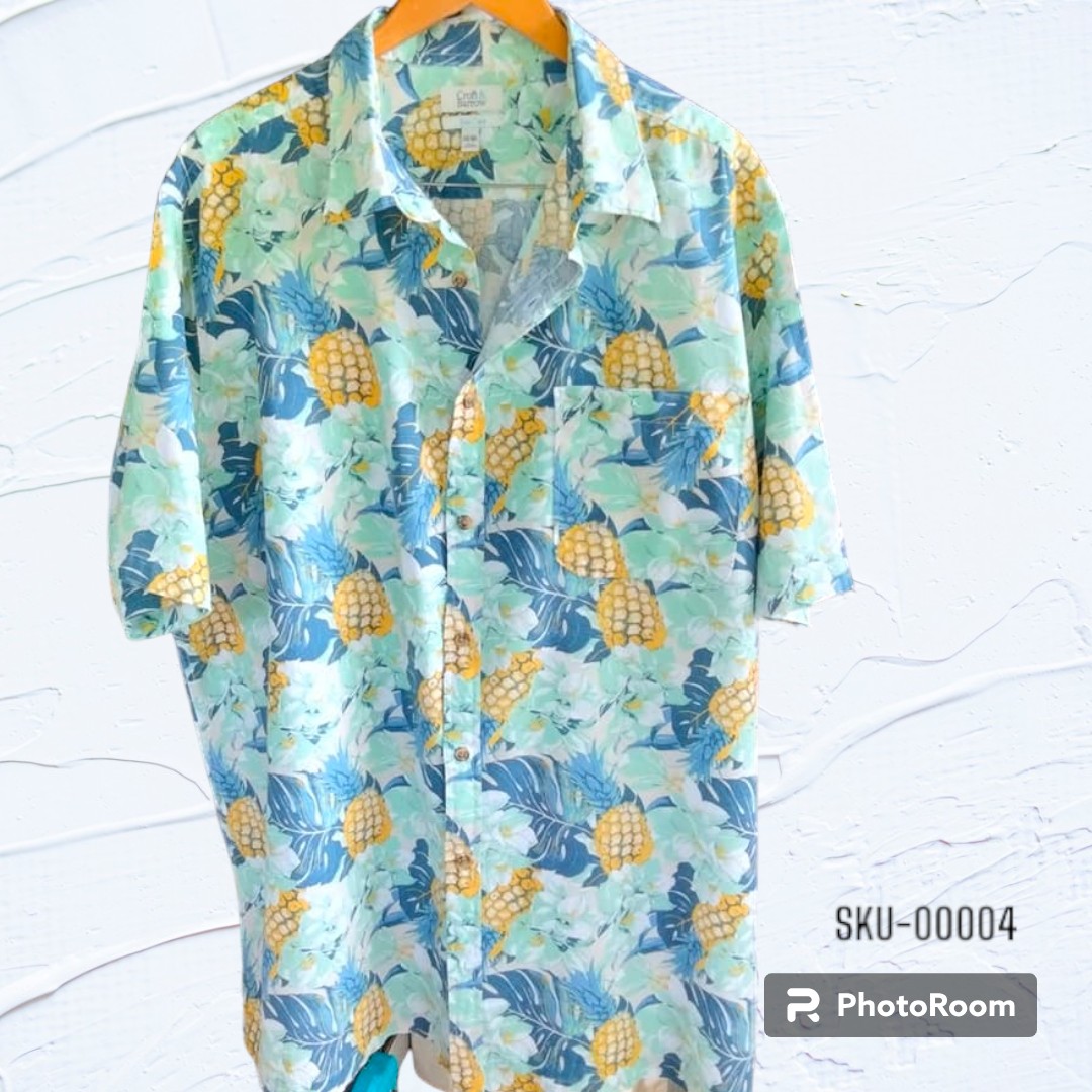 เสื้อฮาวายมือสอง ป้าย Croft & Barrow ลายสับปะรด ใบเฟิร์น ดอกไม้ ผ้า 55% Linen 45% Cotton อก 30 ยาว 35 ราคา 250 บาท ค่าจัดส่งเหมา ๆ 30 บาท (สั่งกี่ตัวก็ได้)