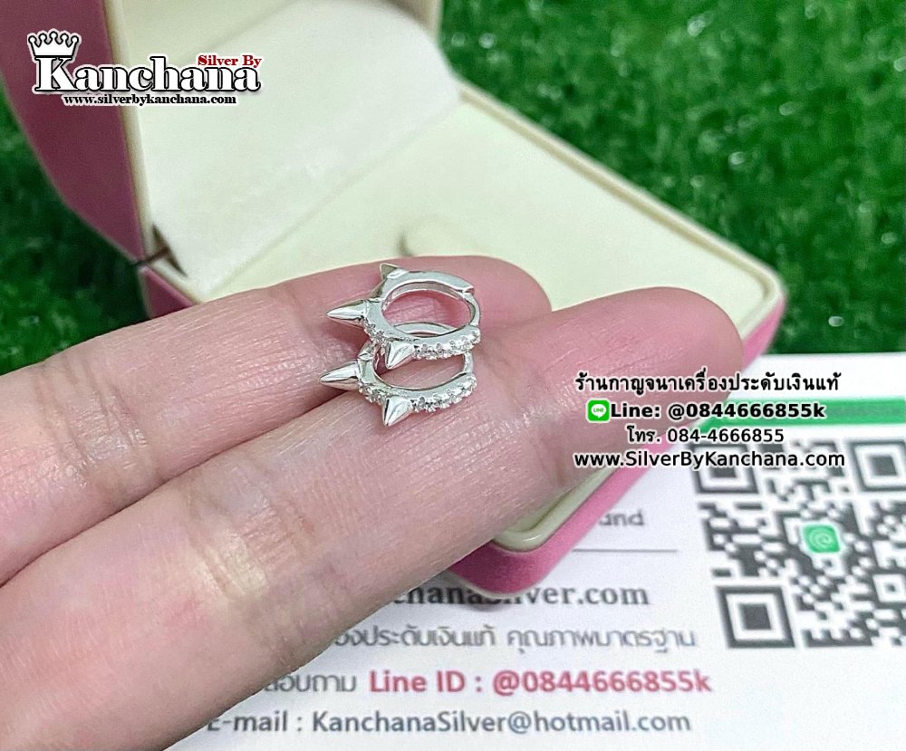 ต่างหูห่วงเงินแท้ ประดับเพชร หนา 1.5 มิล ห่วงกว้าง 1 ซม. งานสวยๆ