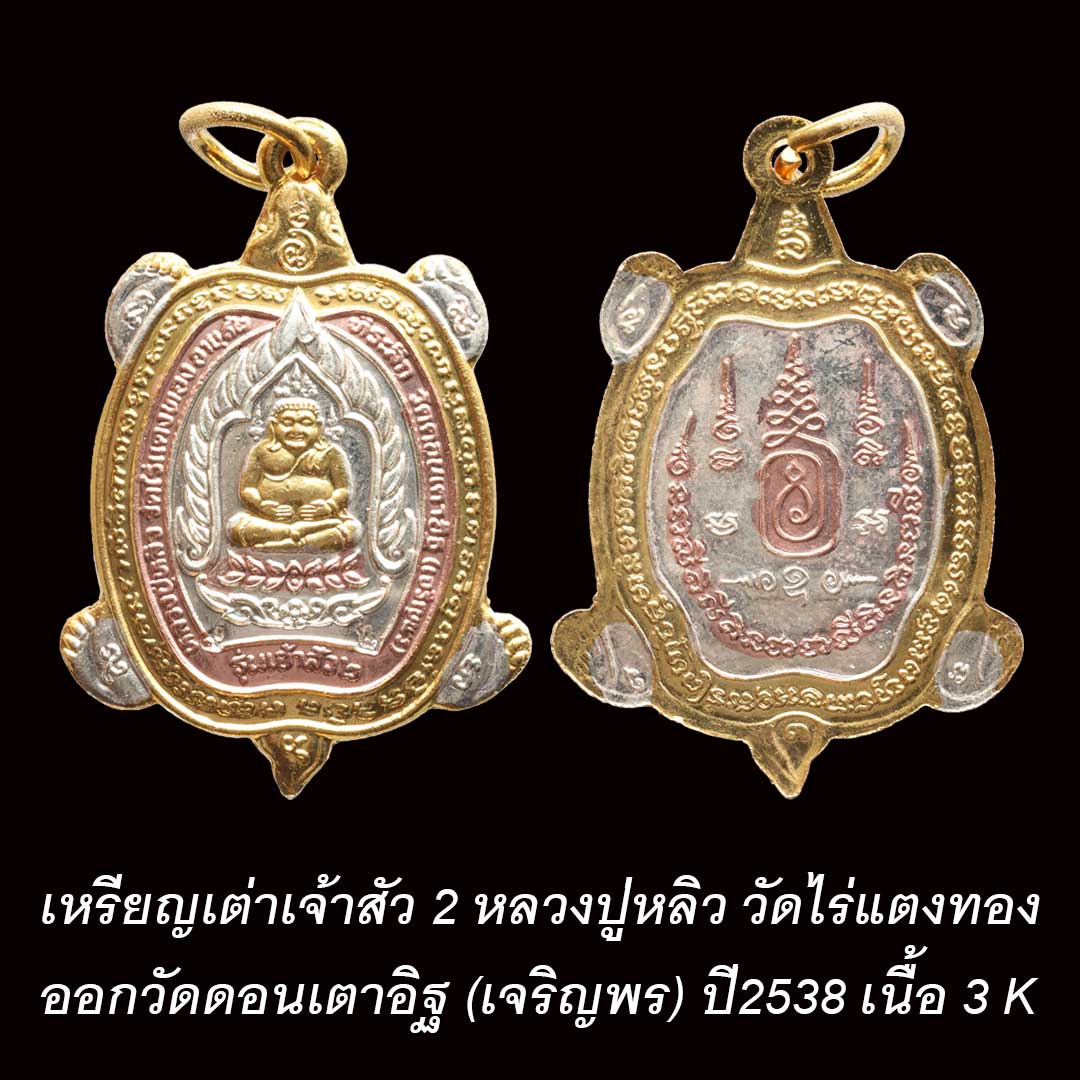 เหรียญเต่าเจ้าสัว 2 หลวงปู่หลิว ออกวัดดอนเตาอิฐ (เจริญพร) ปี2538 เนื้อสามกษัตริย์