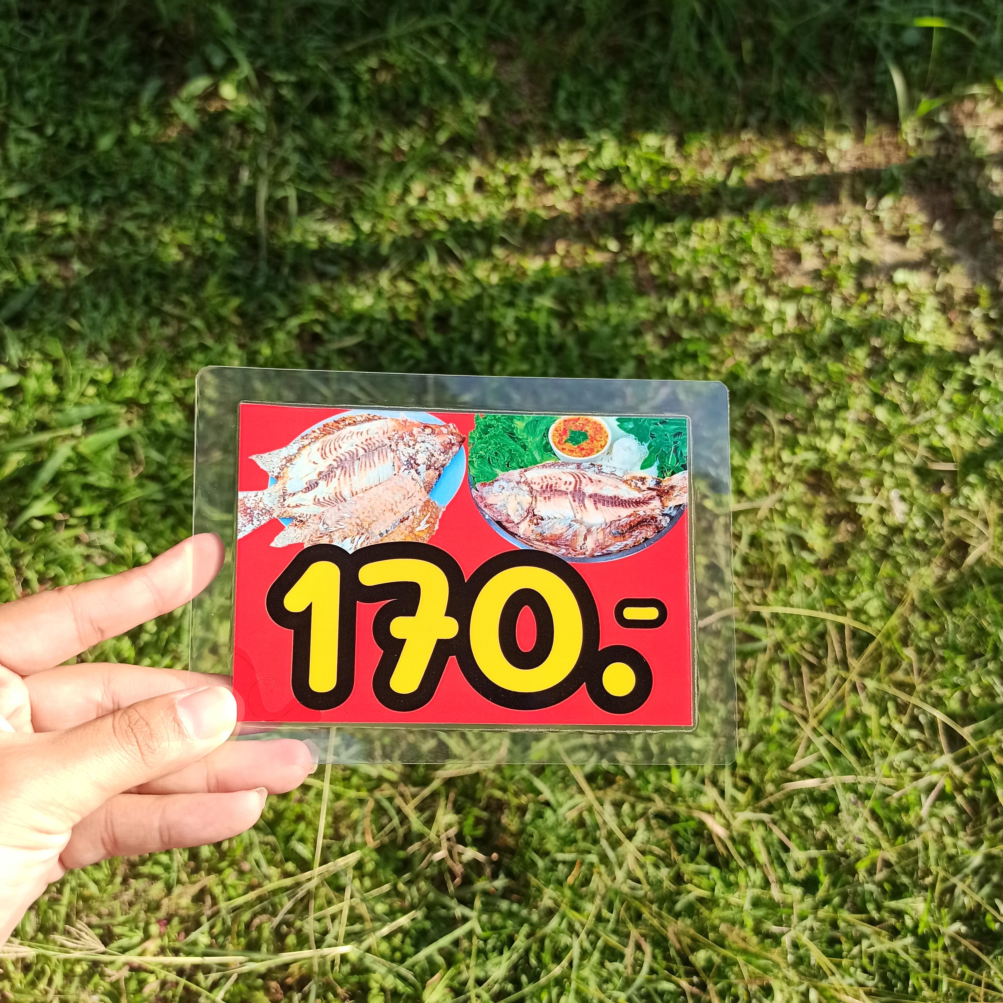 ชุดป้ายเมนู A6 ชุด 12 แผ่น | ปลาเผา & หมูย่าง | ปลาเผา, คอหมูย่าง, ลาบปลาดุก, ส้มหมูปิ้ง | สั่งเลย! รหัส 3845