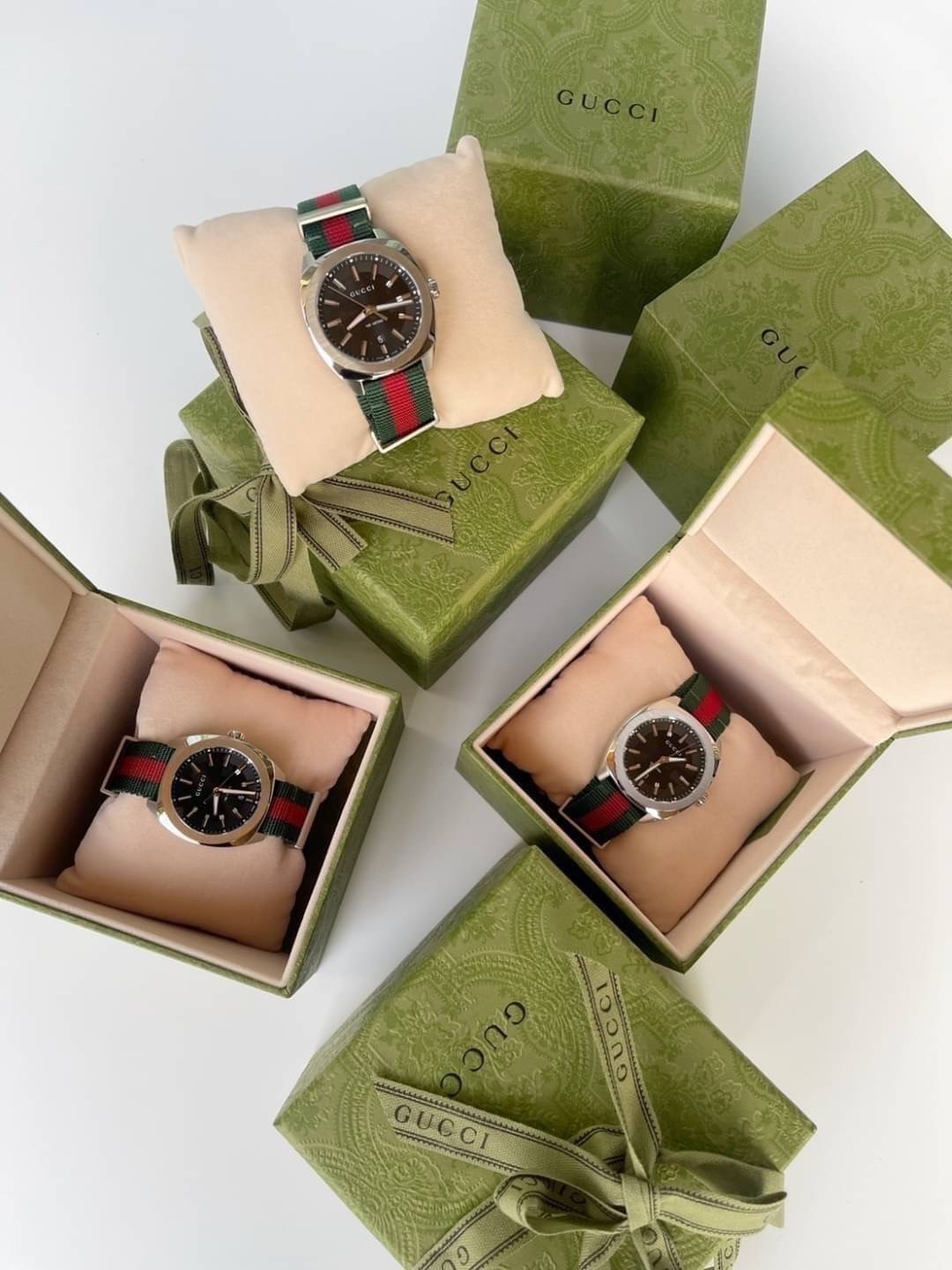 New Gucci GG2570 ไนลอนเขียว-แดง 🍀 หน้าปัดดำ ขนาด 41mm. 🇮🇹